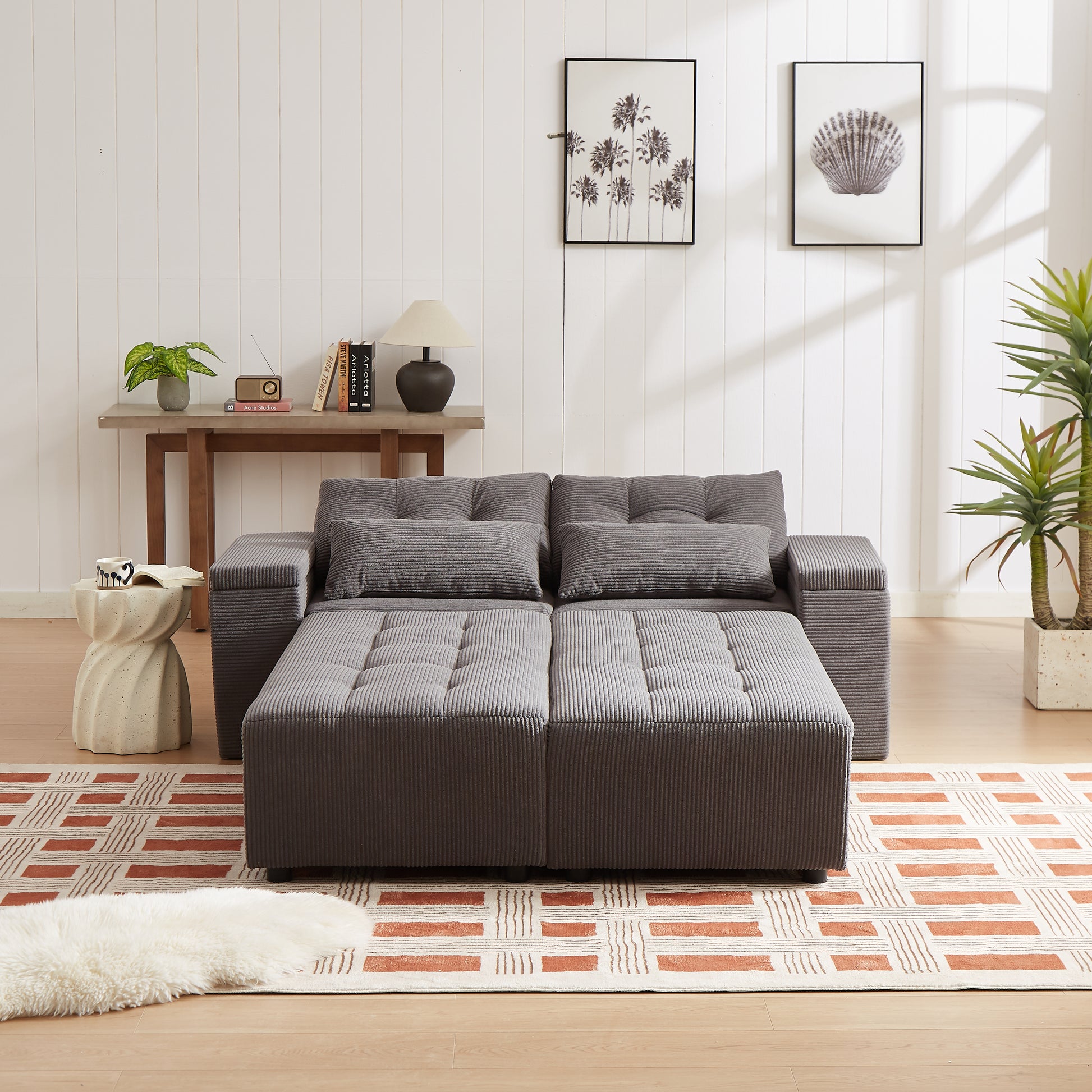 Convertible 3 In 1 Sleeper Sofa And Sectional Sofa With 4 Storage Space For Living Room,Corduroy Couch With 4 Pillows,Corduroy Grey Corduroy 3 Seat
