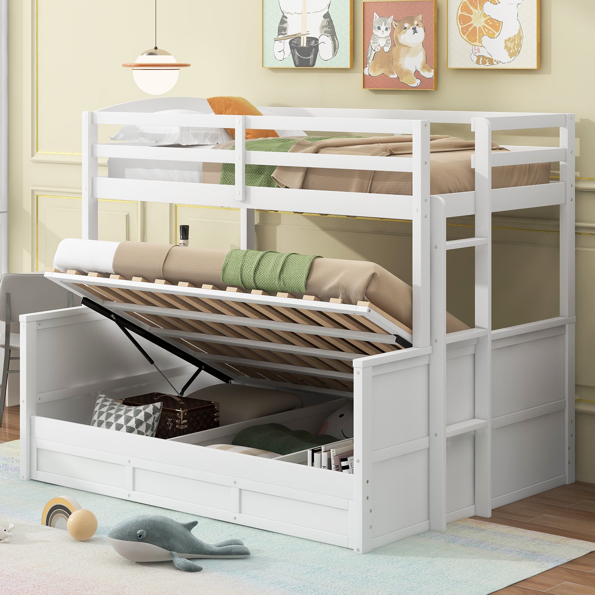 Wood Twin Over Full Bunk Bed With Hydraulic Lift Up Storage, White Box Spring Not Required White Wood Solid Wood Mdf