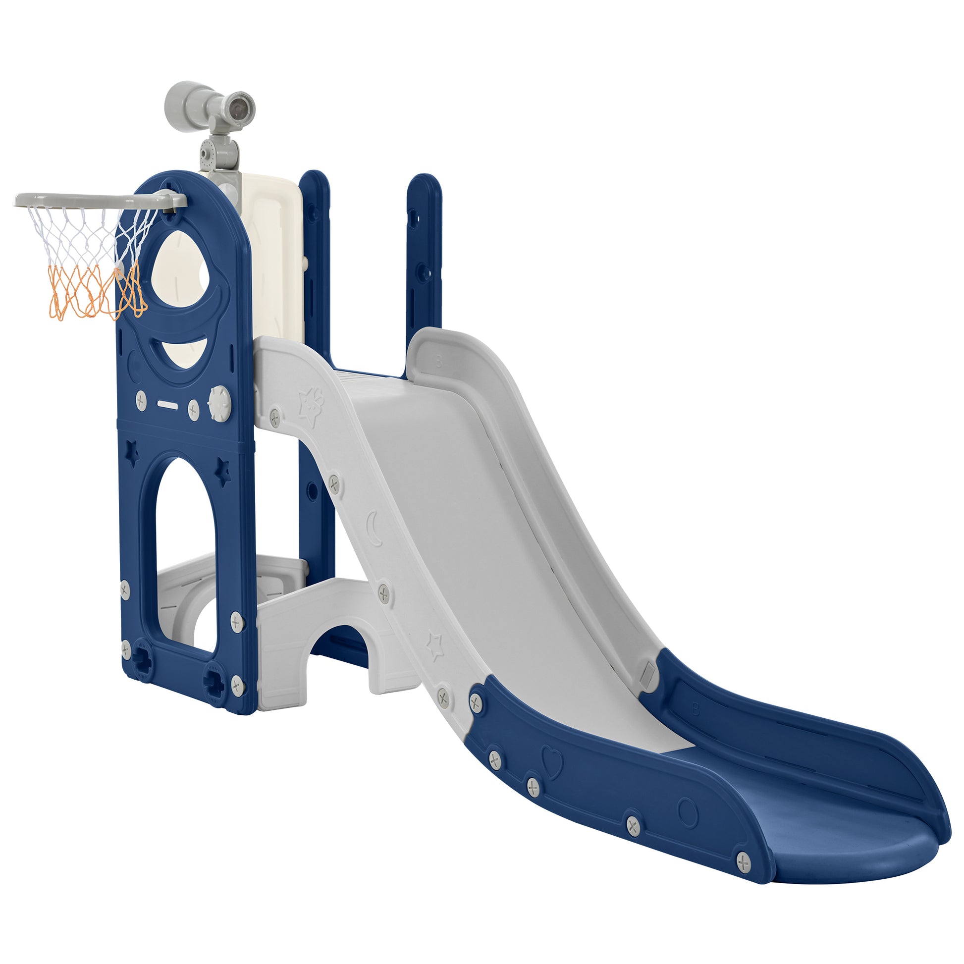 Kids Slide Playset Structure 5 In 1, Freestanding Space Set With Slide, Telescope And Basketball Hoop, Golf Holes For Toddlers, Kids Climbers Playground Blue Grey Hdpe