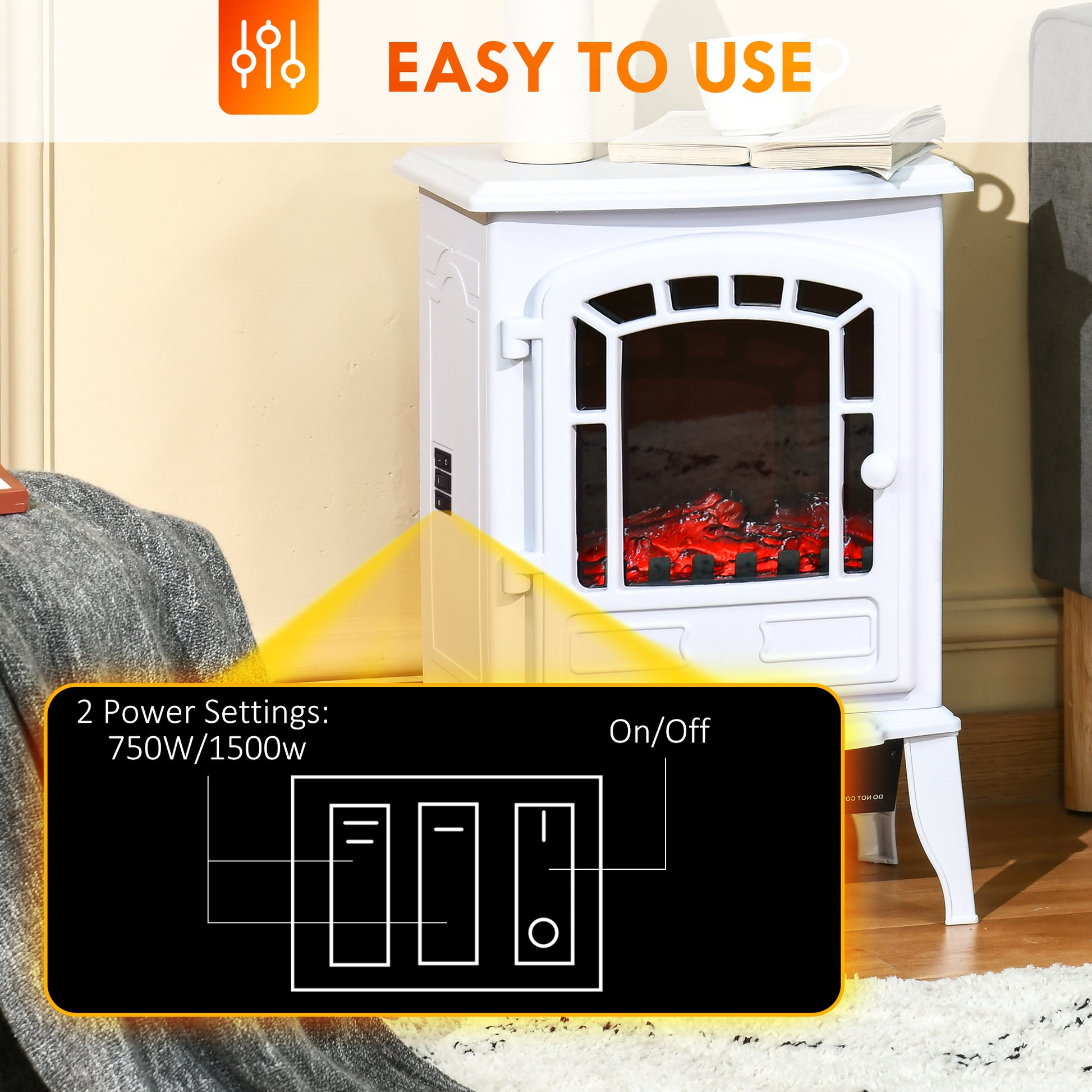 Homcom 22" Free Standing Electric Fireplace Stove, Fire Place Heater With Realistic Flame Effect, Overheat Safety Protection, 750W 1500W, White White Abs
