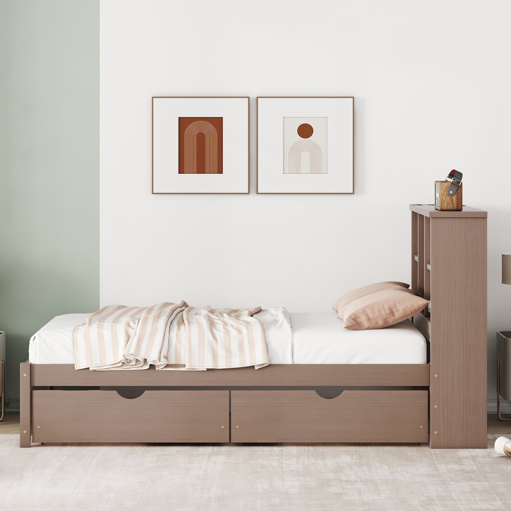 Modern Twin Size Bed Frame With Built In Usb Port On Bookcase Headboard And 2 Drawers For Walnut Color Box Spring Not Required Twin Walnut Bedroom Bed Frame Particle Board