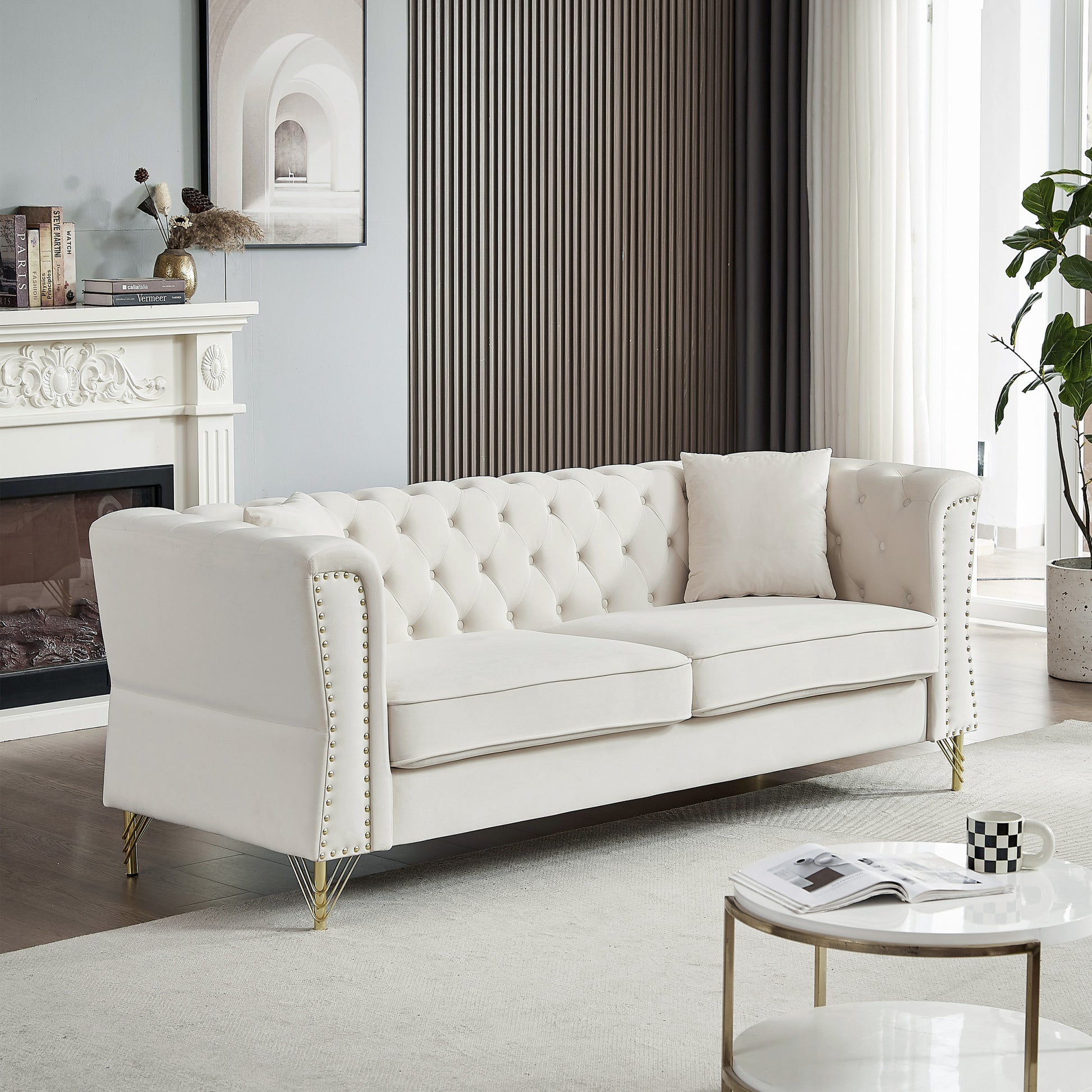 3 Seater 3 Seater Combination Sofa Tufted Couch With Rolled Arms And For Living Room, Bedroom, Office, Apartment, Four Pillows Beige Foam Velvet