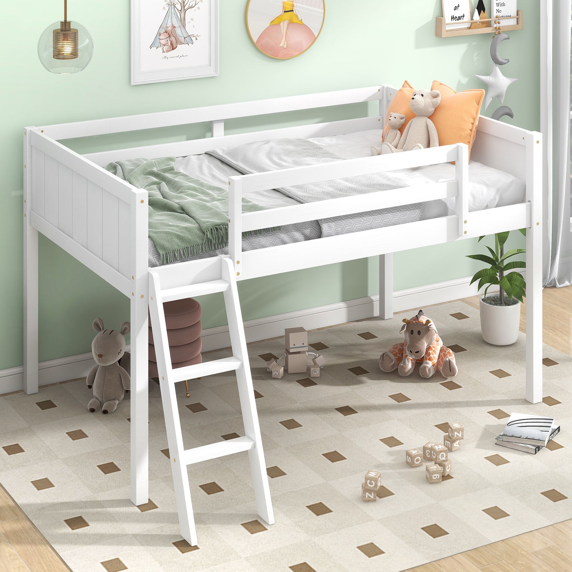 Twin Size Wood Low Loft Bed With Ladder, Ladder Can Be Placed On The Left Or Right, White Box Spring Not Required Twin White Wood Bedroom Solid Wood Mdf