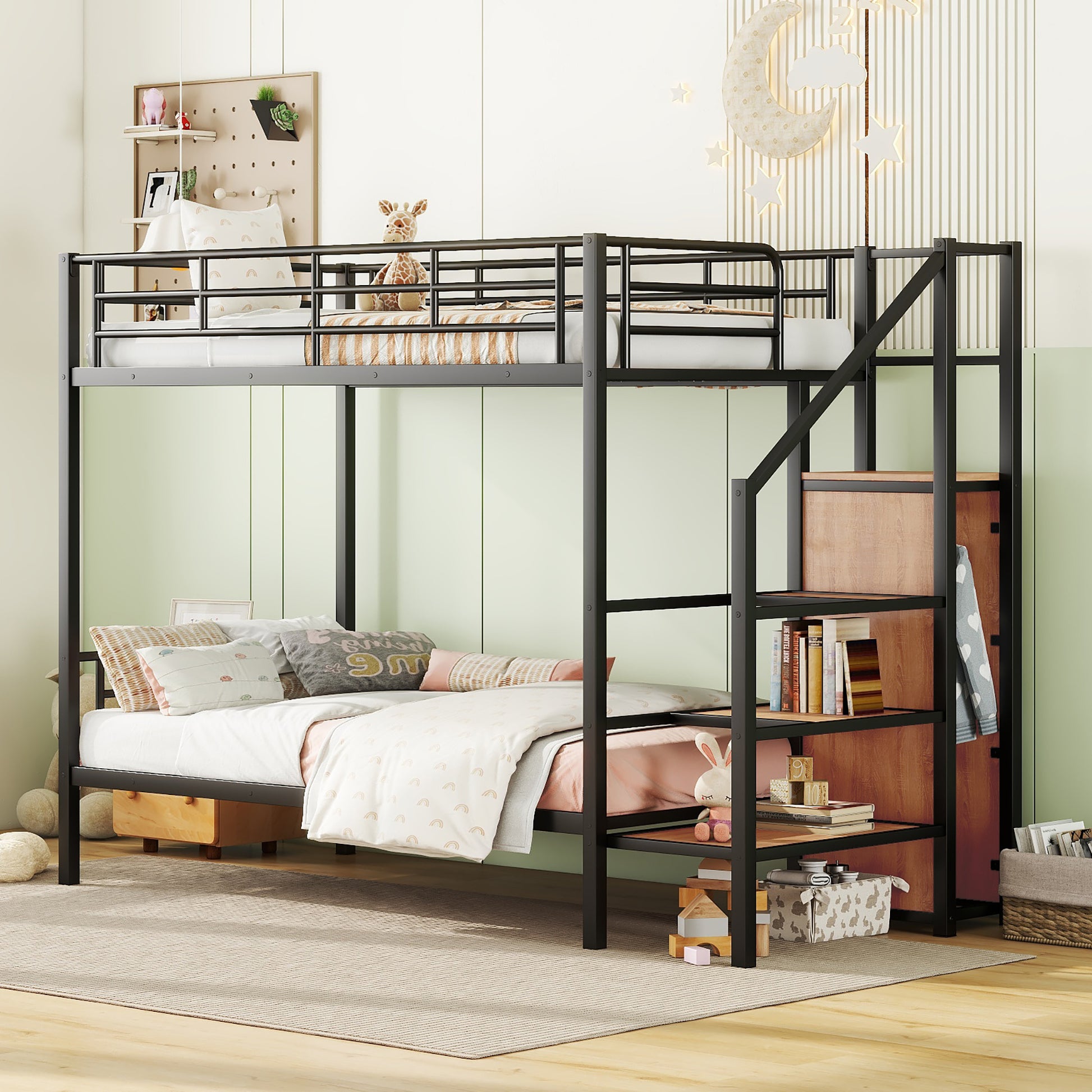 Twin Over Twin Metal Bunk Bed With Lateral Storage Ladder And Wardrobe, Black Black Iron