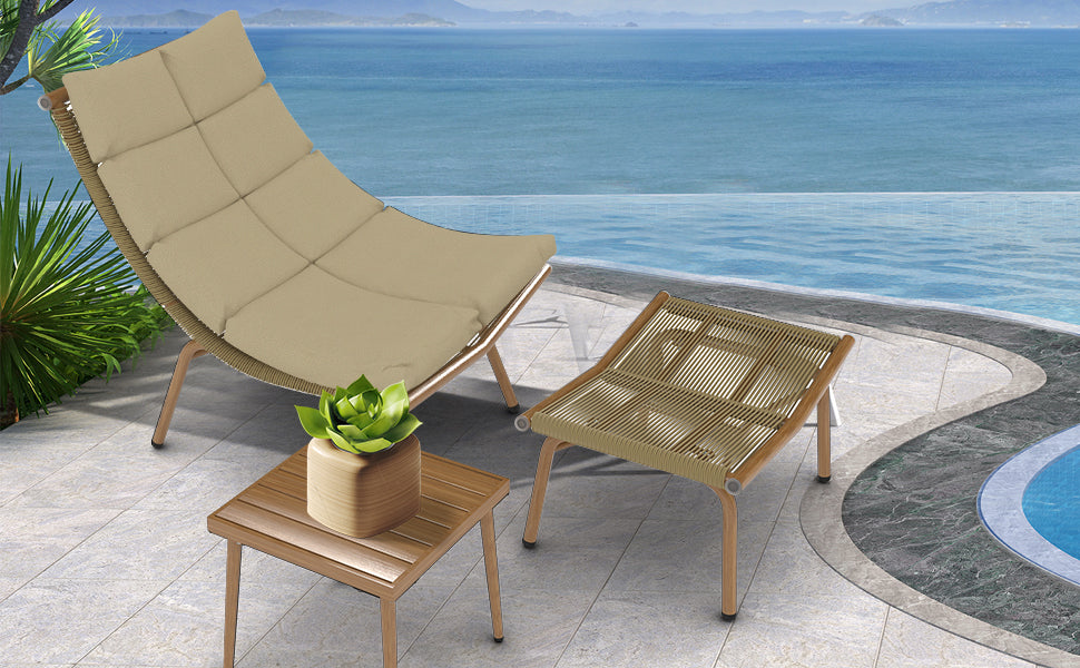 Chaise Lounge Chair With Table For Outdoor Indoor Wood Color Alloy Frame 380Lbs Capacity With Cushion Recliner For Camping Gaming Lunch Break Garden Party Sunbathing Wood Iron