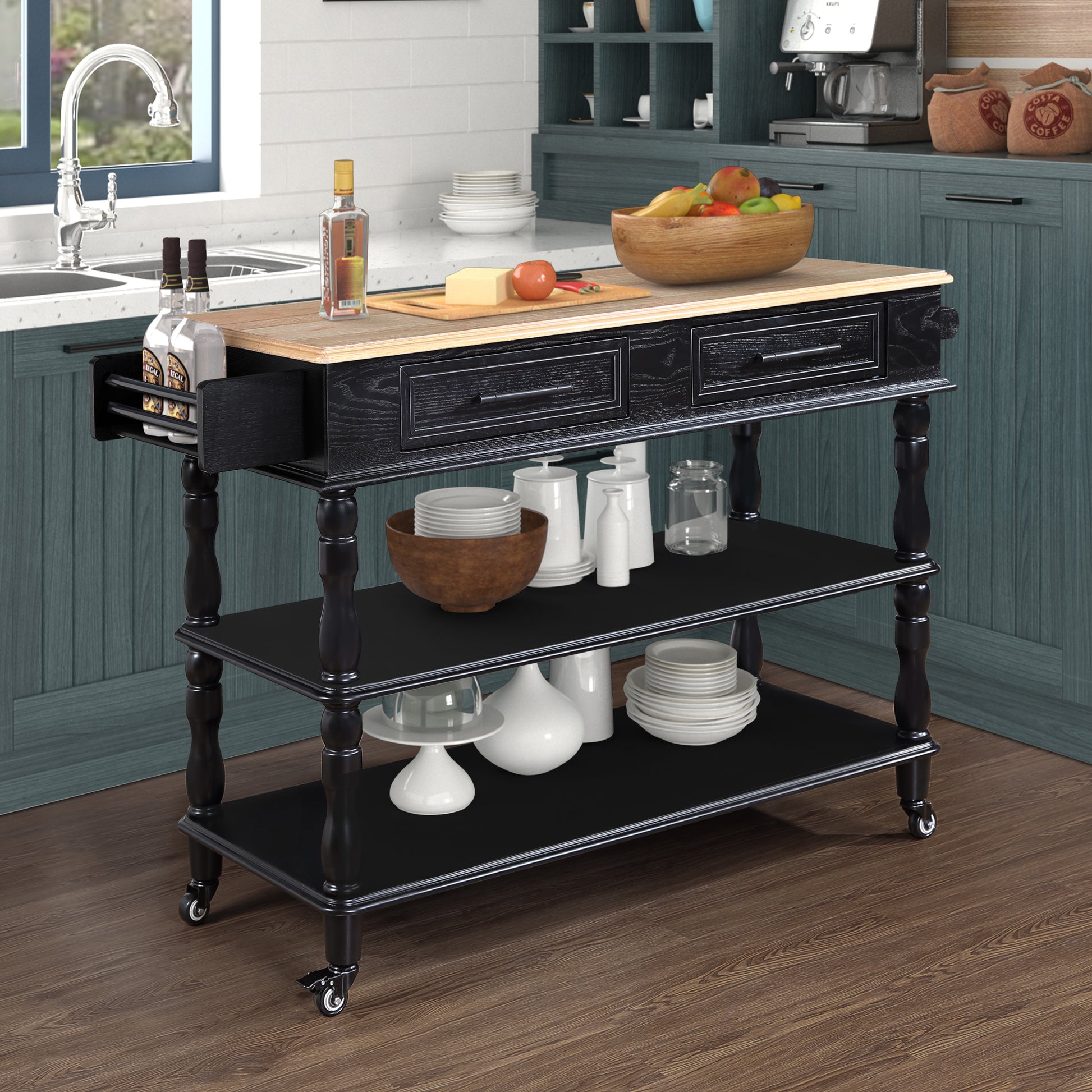 56 Inch Rolling Kitchen Island With Storage,Kitchen Cart With Solid Oak Wood Top,Two Sided Kitchen Island Cart On Wheelswine And Spice Rack, Large Kitchen Cart With 2 Drawers, Black Natural Top Black Natural Dining Room American Design,Antique