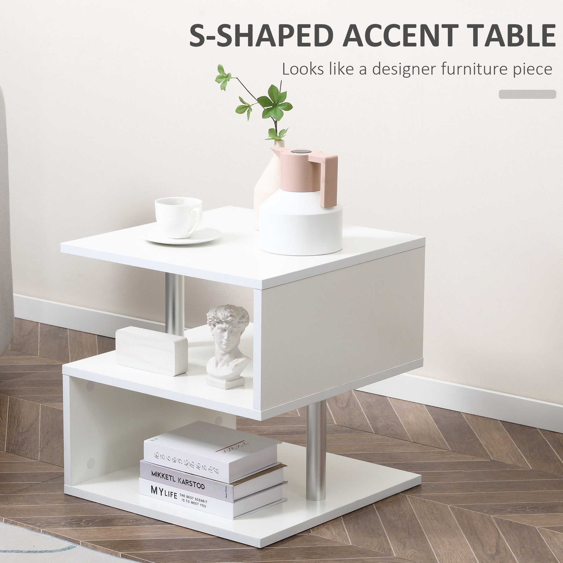 Homcom 20" Modern End Table, Accent Side Table, S Shaped Coffee Table With Storage Shelf And Steel Poles, White White Particle Board