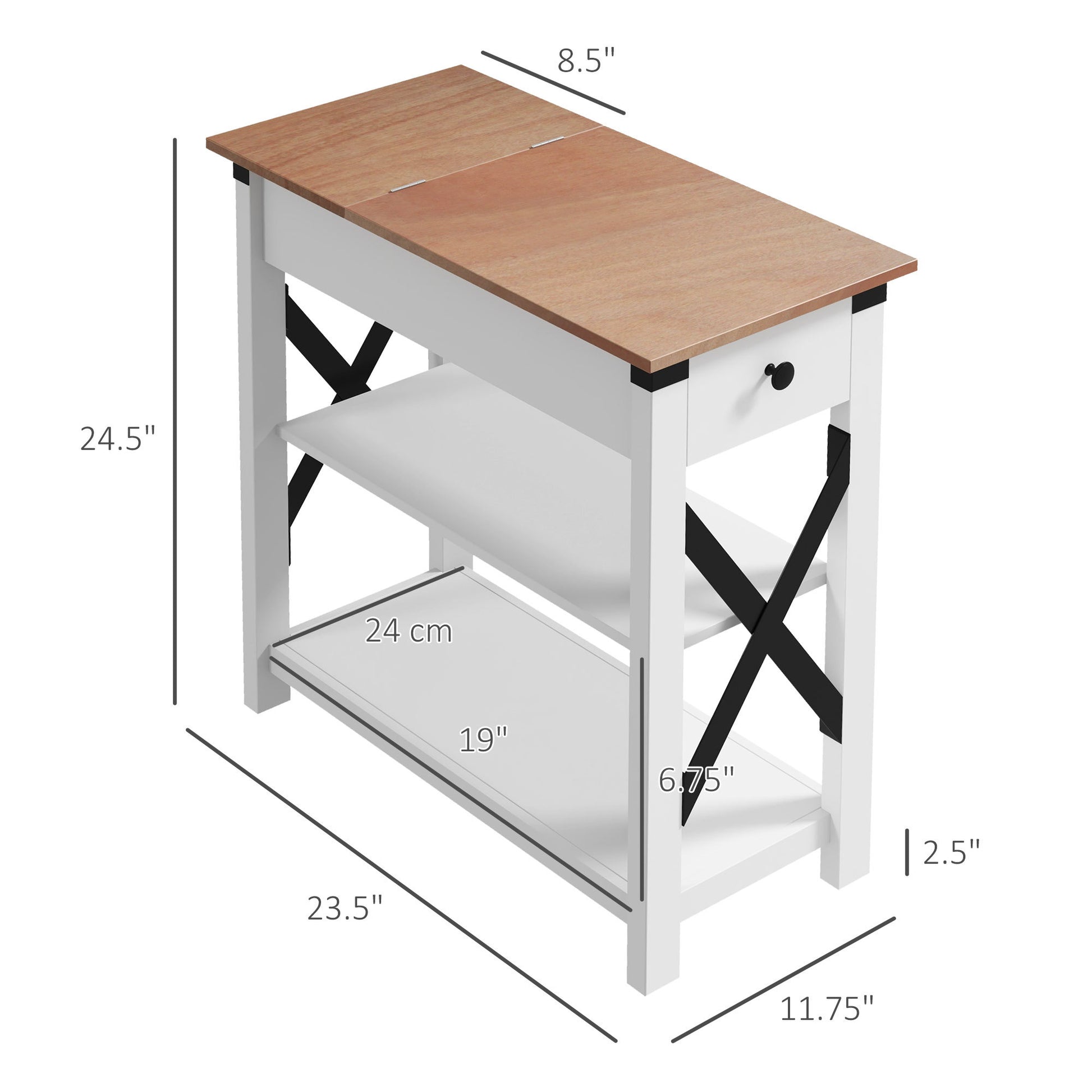 Homcom Side Table With Charging Station, End Table With 2 Usb Ports And 1 Outlet, Storage Shelves For Living Room, White White Mdf