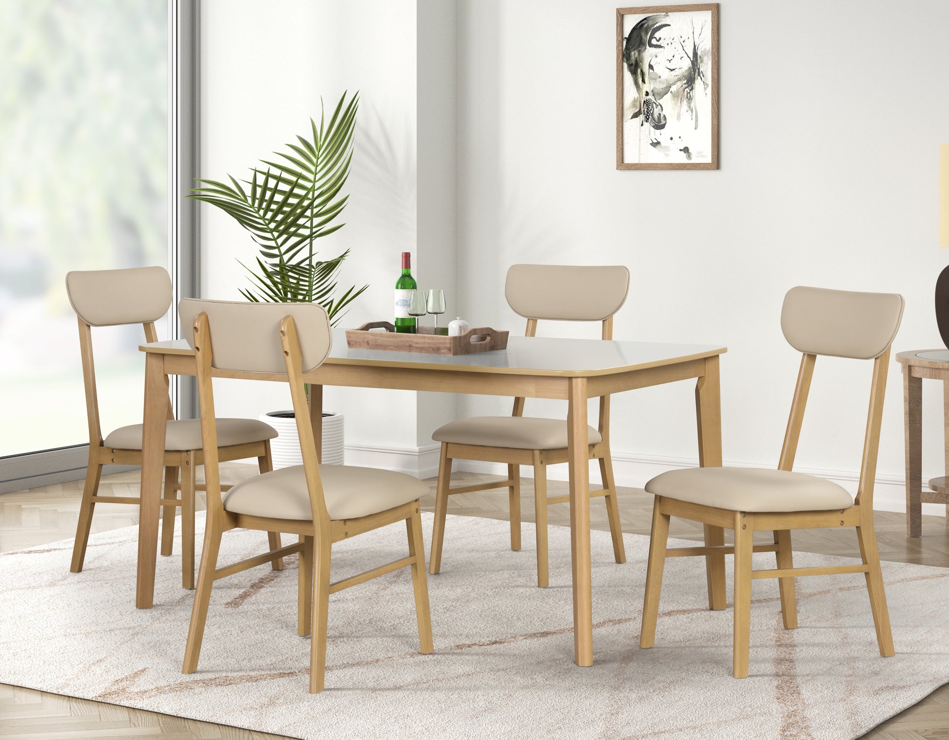 6 Piece Dining Table Set, One Table One Bench And Four Chairs, High Gloss White Tabletop With Light Oak Color Creamy White,White Light Oak Seats 6 Dining Room 60 Inches Rubberwood 4 Leg Rectangular Dining Table With Chair And Bench Mdf,Pu,Pvc,Rubber Wood