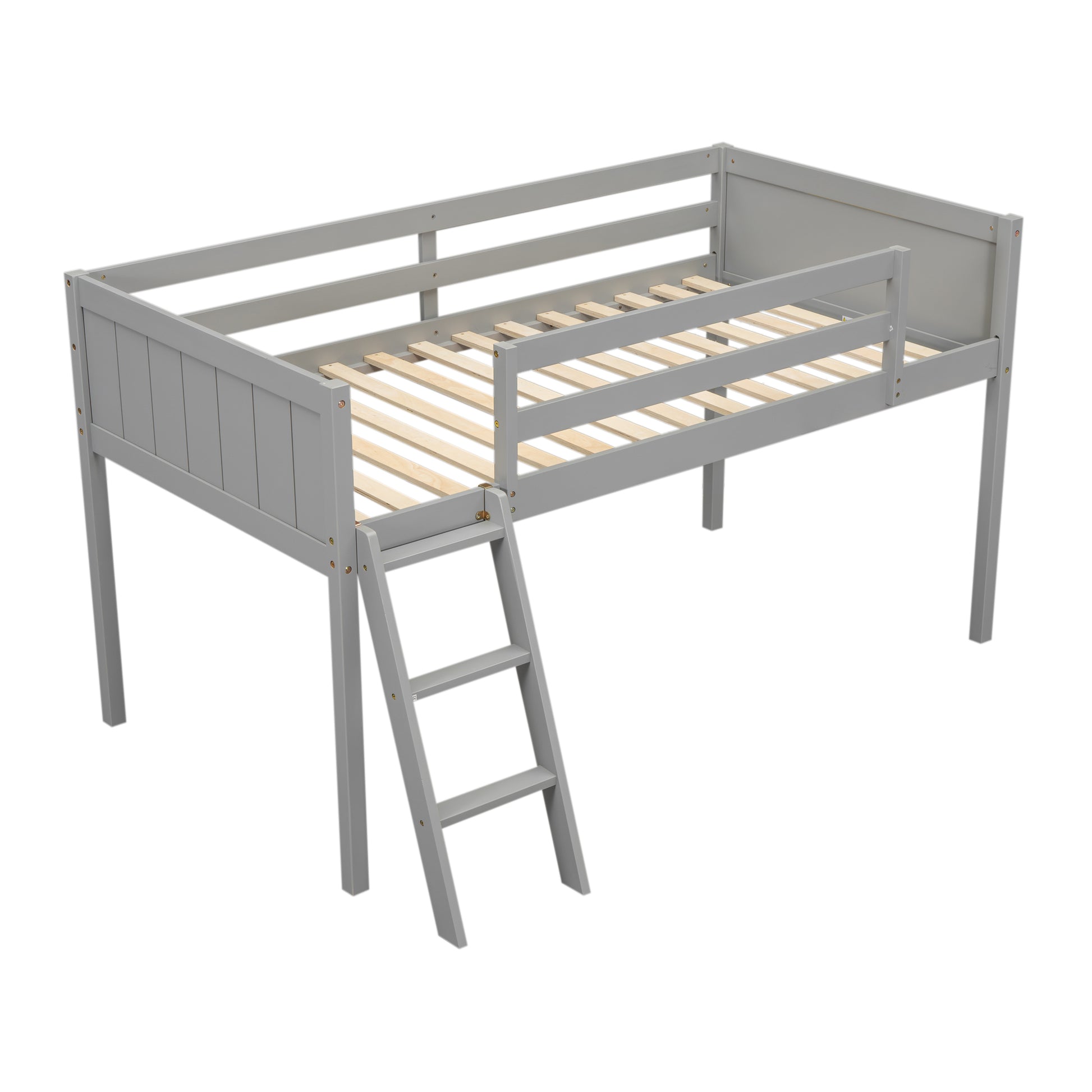 Twin Size Wood Low Loft Bed With Ladder, Ladder Can Be Placed On The Left Or Right, Gray Box Spring Not Required Twin Gray Wood Bedroom Solid Wood Mdf