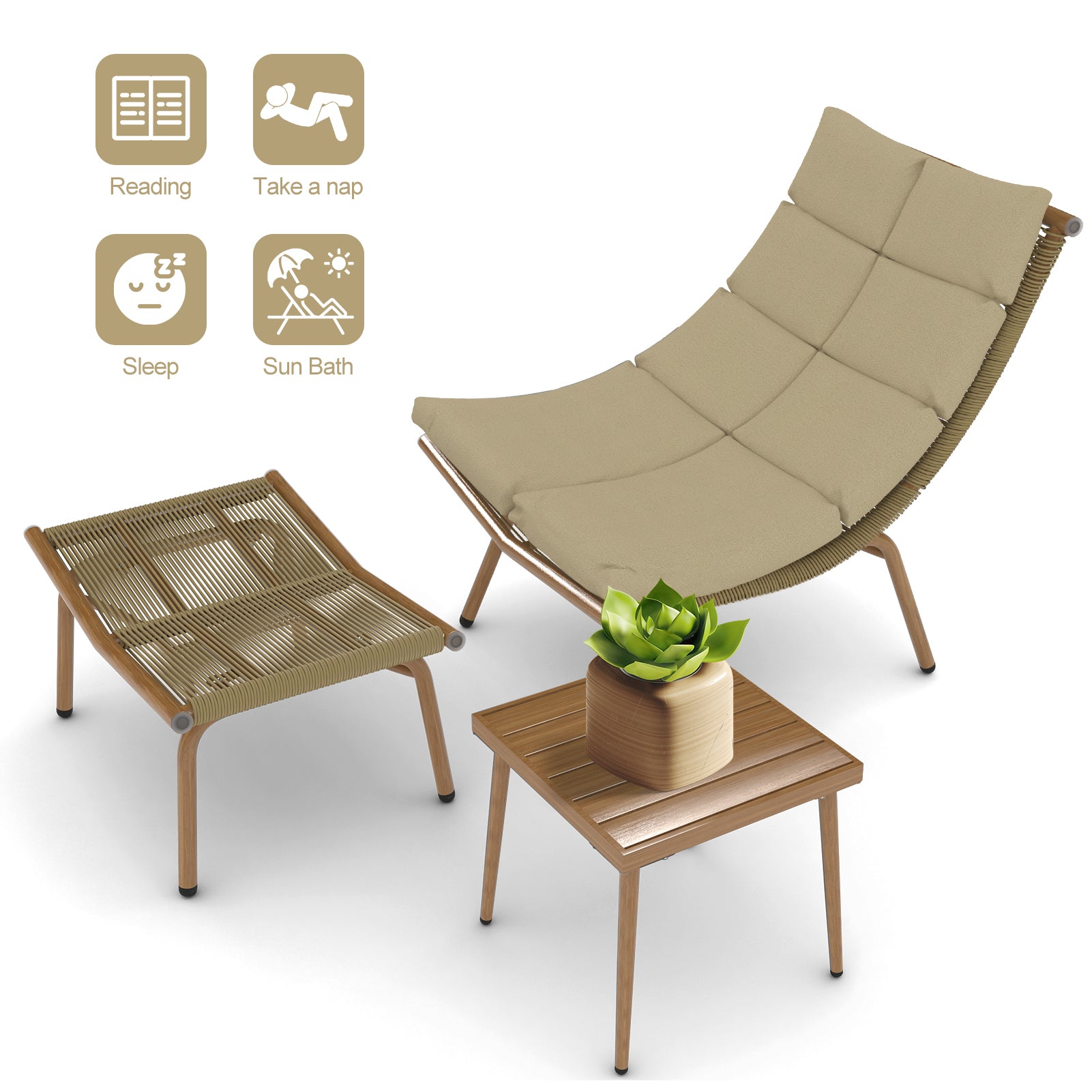 Chaise Lounge Chair With Table For Outdoor Indoor Wood Color Alloy Frame 380Lbs Capacity With Cushion Recliner For Camping Gaming Lunch Break Garden Party Sunbathing Wood Iron