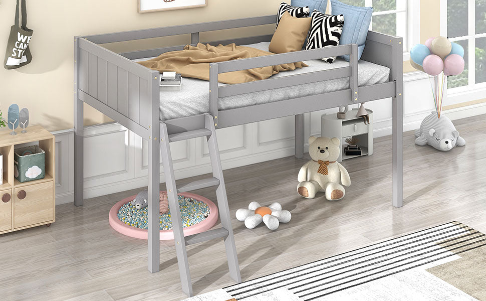 Twin Size Wood Low Loft Bed With Ladder, Ladder Can Be Placed On The Left Or Right, Gray Box Spring Not Required Twin Gray Wood Bedroom Solid Wood Mdf