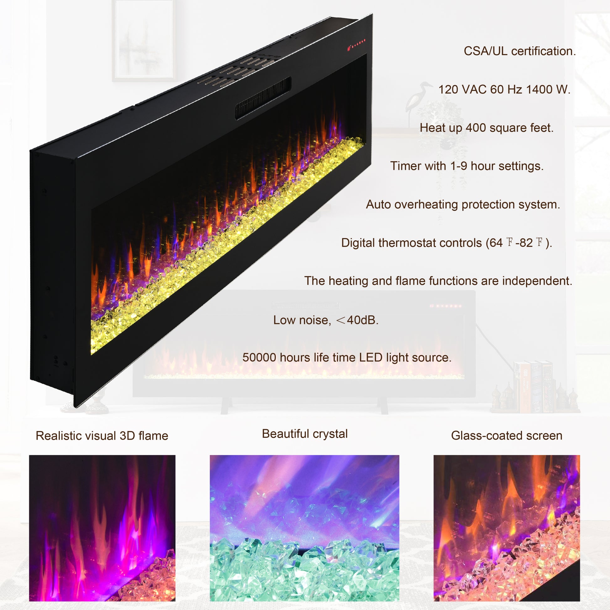 50 Inch Electric Fireplace, Recessed And Wall Mounted Fireplace Powder Coated Electric Antique Black Vent Free Yes Tempered Glass Sheet Metal Plastic Electric