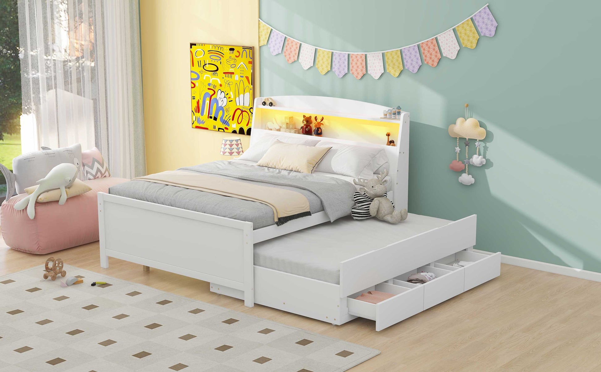 Full Size Platform Bed With Storage Led Headboard, Twin Size Trundle And 3 Drawers, White Box Spring Not Required Full White Bedroom Bed Frame Solid Wood Mdf