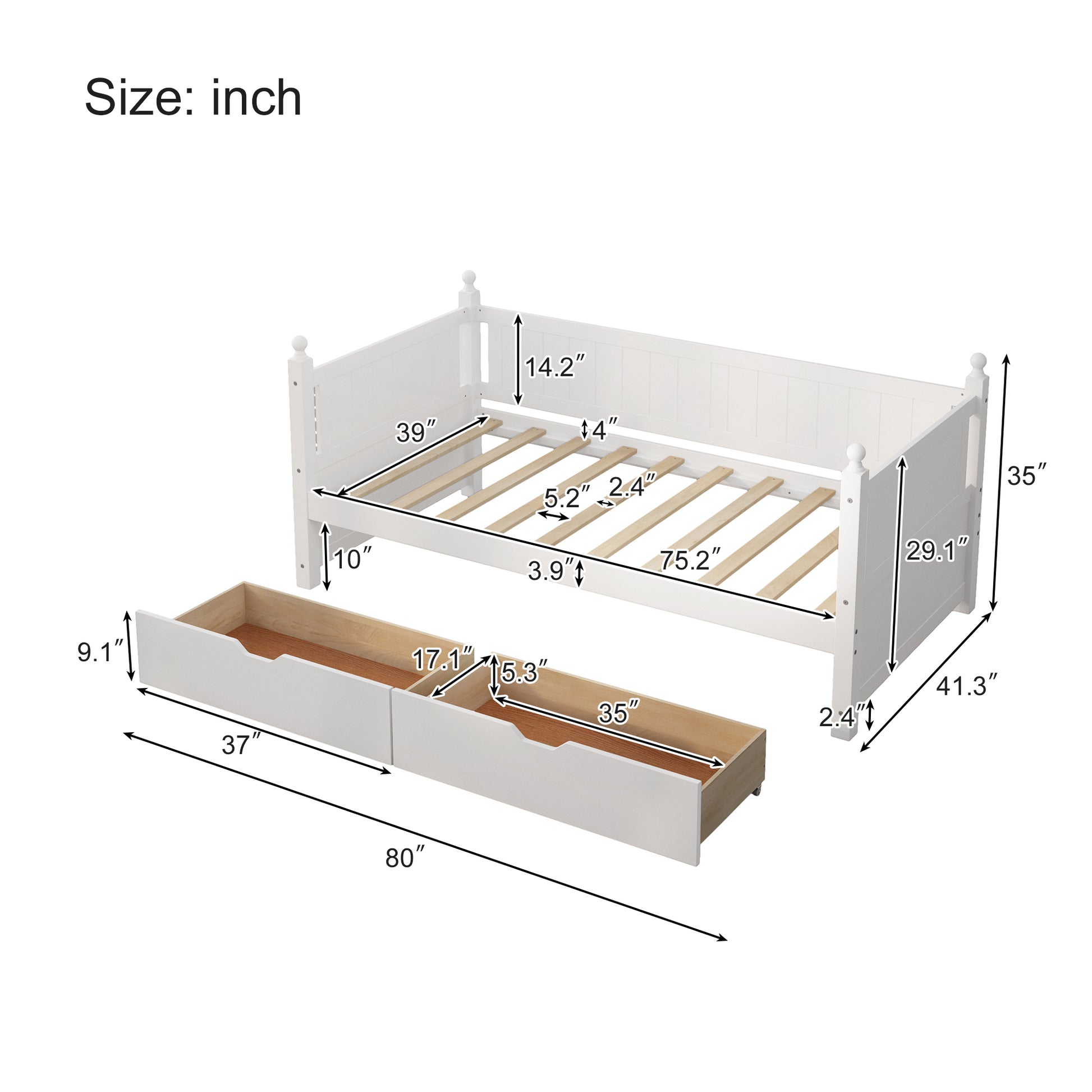 Twin Size Solid Wood Daybed With 2 Drawers For Limited Space Kids, Teens, Adults, No Need Box Spring, White Box Spring Not Required Twin White Wood Bedroom Mid Century Modern,Modern Pine Daybeds Wood