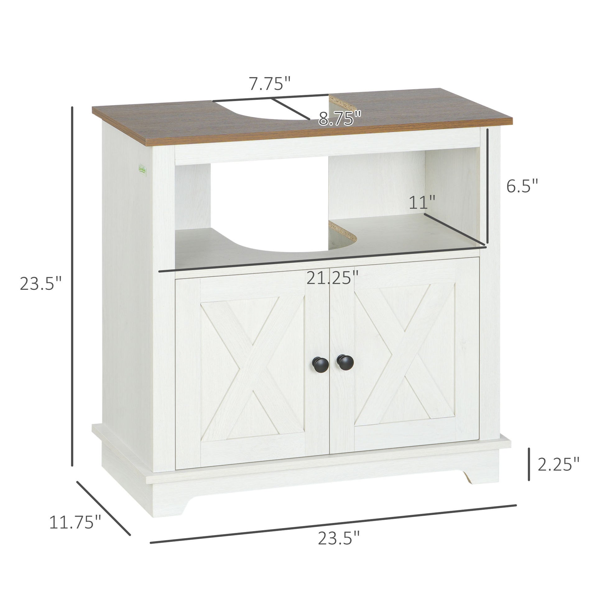 Kleankin Farmhouse Under Sink Bathroom Cabinet, Pedestal Vanity Storage Cabinet With Double Doors And Storage Shelves, Bathroom Organizer, White White Particle Board