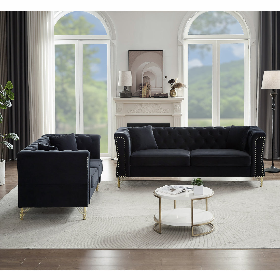 3 Seater 2 Seater Combination Sofa Tufted Couch With Rolled Arms And For Living Room, Bedroom, Office, Apartment, Four Pillows Black Foam Velvet