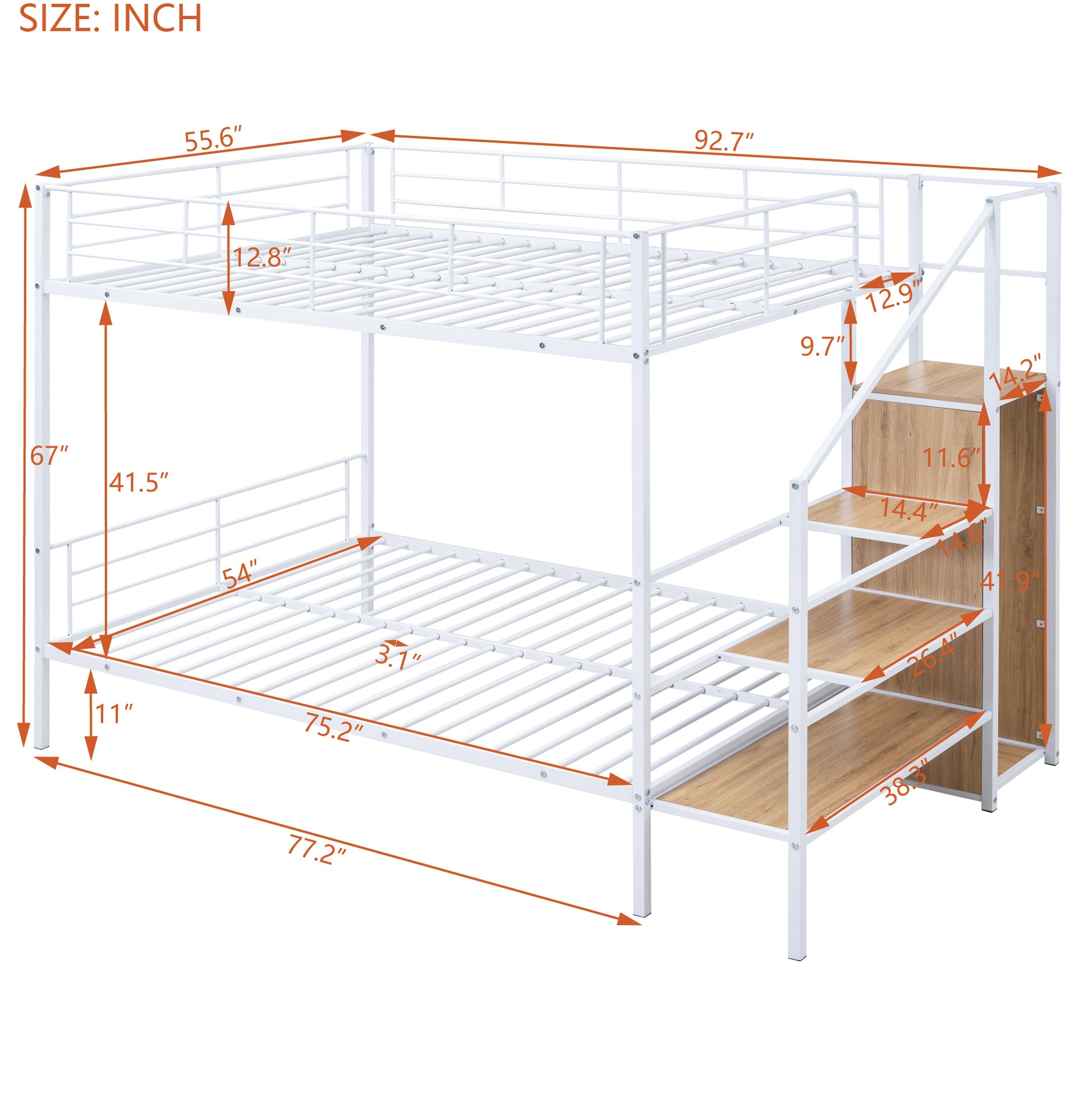 Full Over Full Metal Bunk Bed With Lateral Storage Ladder And Wardrobe, White White Iron