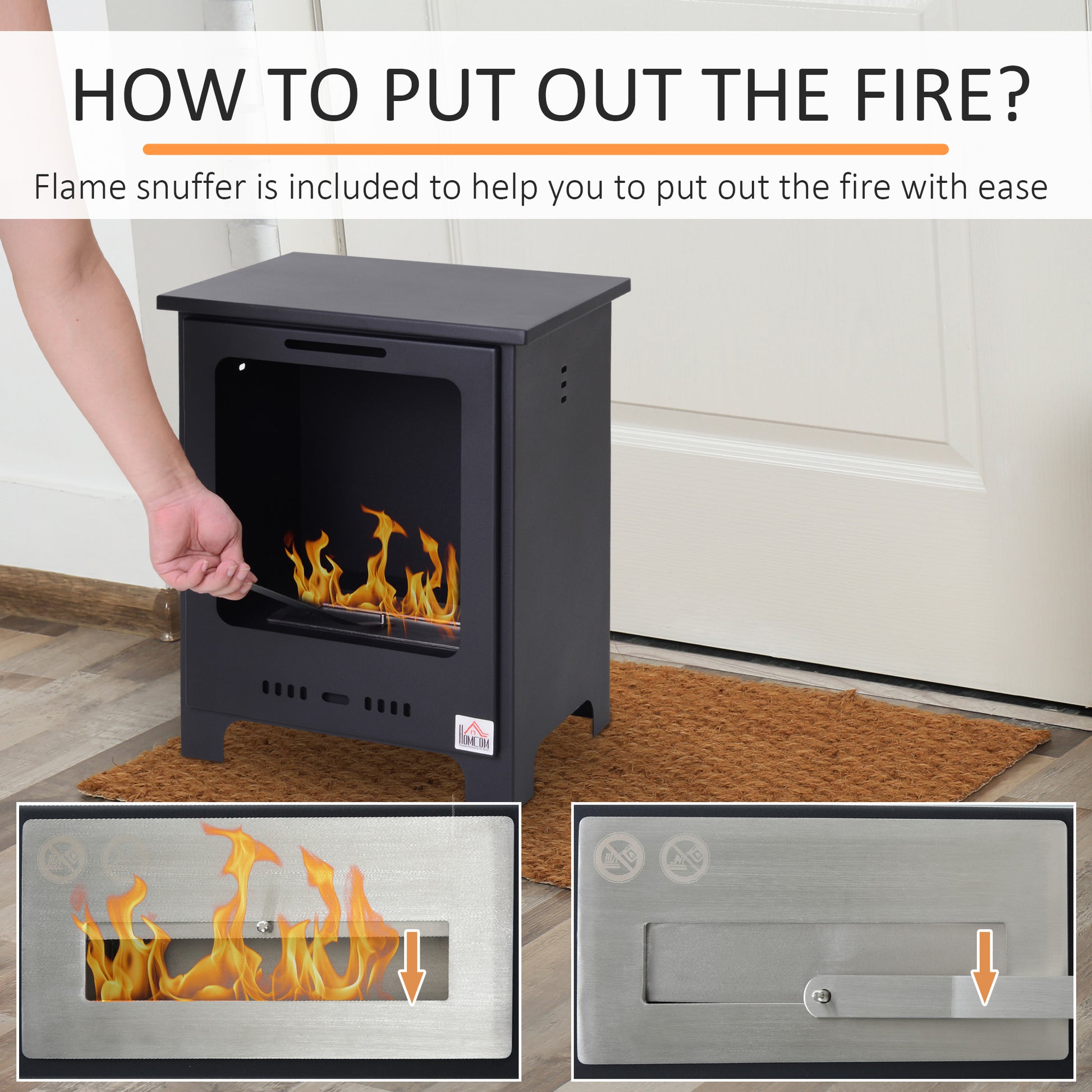 Homcom 19.75" Ethanol Fireplace, Freestanding Alcohol Fireplace Stove With 0.25 Gal Tank Capacity, Flame Snuffer Black Black Steel