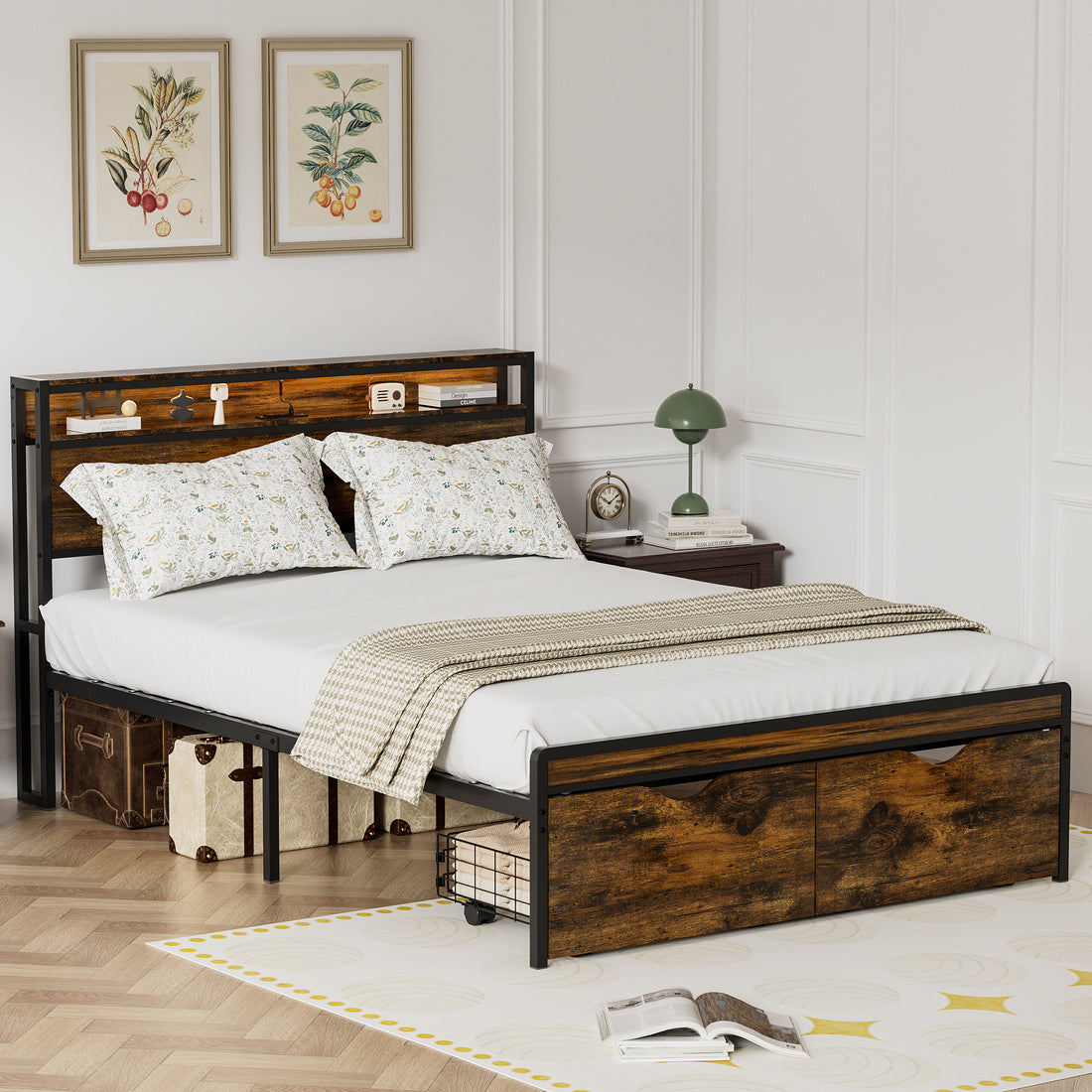 Full Size Metal Bed Frame With Drawer, Black Heavy Duty Mattress Foundation With Steel Slat Support, Noise Free,81.73"L X 54.13"W X 38.96"H Full Antique Brown Iron Brown Bedroom Antique Bed Frame Particle Board