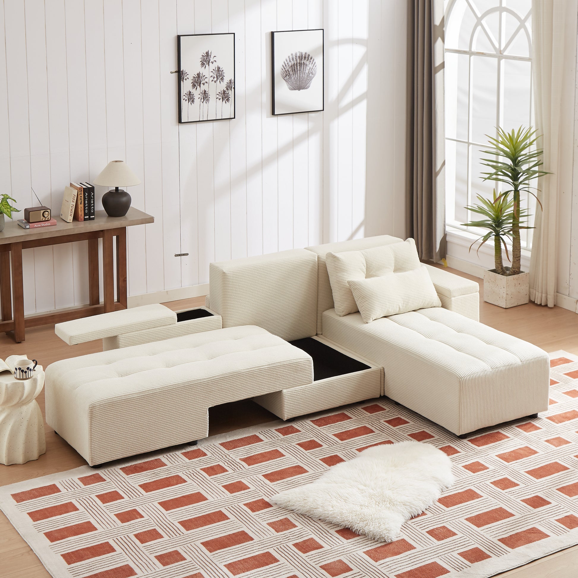 Convertible 3 In 1 Sleeper Sofa And Sectional Sofa With 4 Storage Space For Living Room,Corduroy Couch With 4 Pillows,Corduroy Beige Corduroy 3 Seat