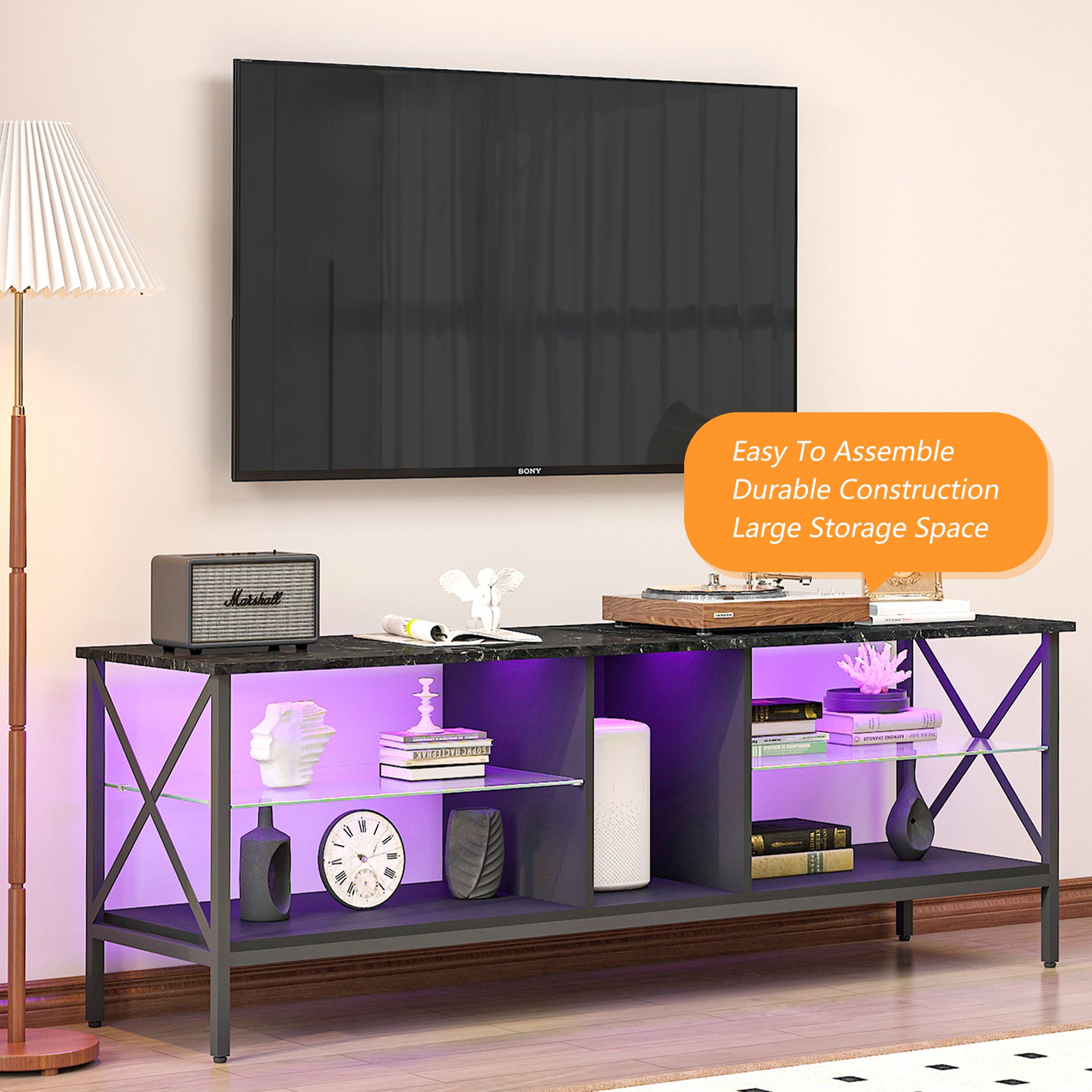 Tv Stand,Iron Tv Cabinet,Entertainment Center, Tv Set, Media Console, With Led Lights, Remote Control,Toughened Glass Stand,Can Be Placed In The Living Room, Bedroom, Color:Black With Marble Texture Black Primary Living Space 60 69 Inches 60 69 Inches 65