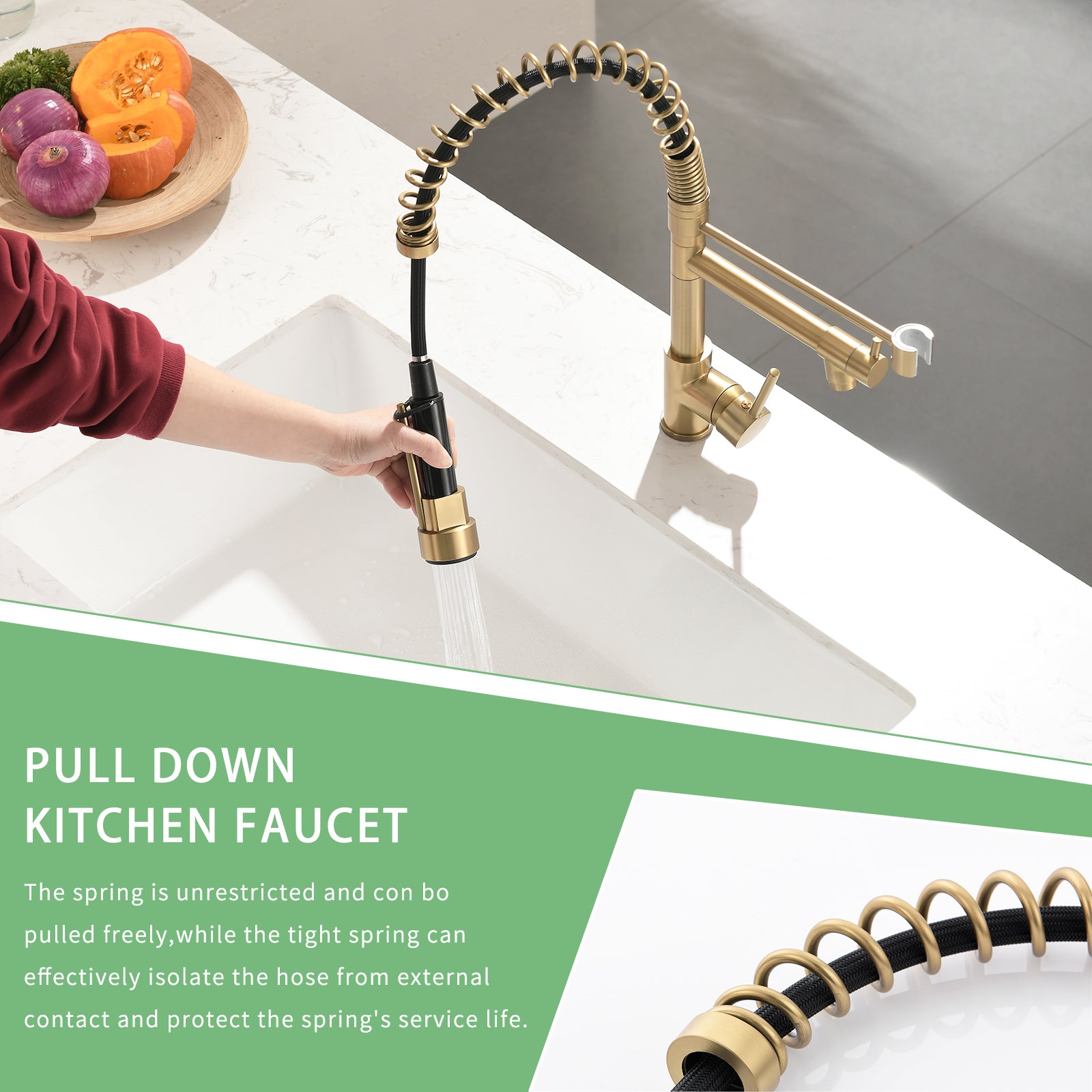 Commercial Kitchen Faucet With Pull Down Sprayer, Single Handle Single Lever Kitchen Sink Faucet Gold Kitchen Contemporary Ceramic Brass