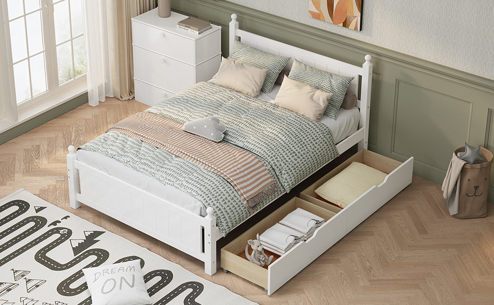 Full Size Solid Wood Platform Bed Frame With 2 Drawers For Limited Space Kids, Teens, Adults, No Need Box Spring, White Box Spring Not Required Full White Wood Bedroom Mid Century Modern,Modern Pine Bed Frame Wood