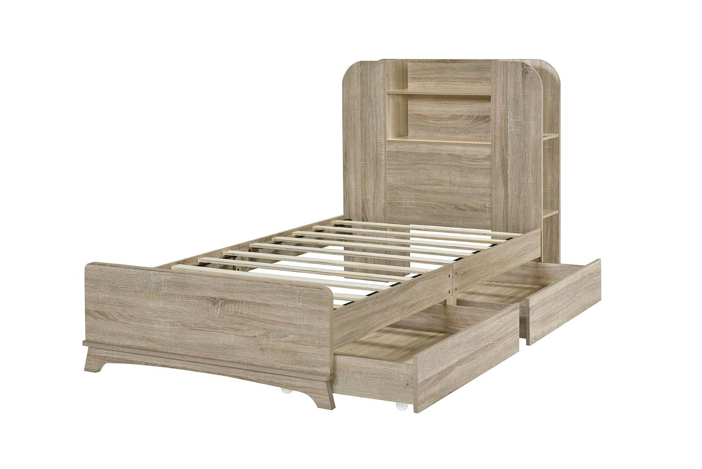 Twin Size Storage Platform Bed Frame With With Two Drawers And Light Strip Design In Headboard,Oak Twin Natural Solid Wood Mdf