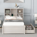 Modern Twin Size Bed Frame With Built In Usb Port On Bookcase Headboard And 2 Drawers For White Washed Color Box Spring Not Required Twin White Washed Bedroom Bed Frame Particle Board