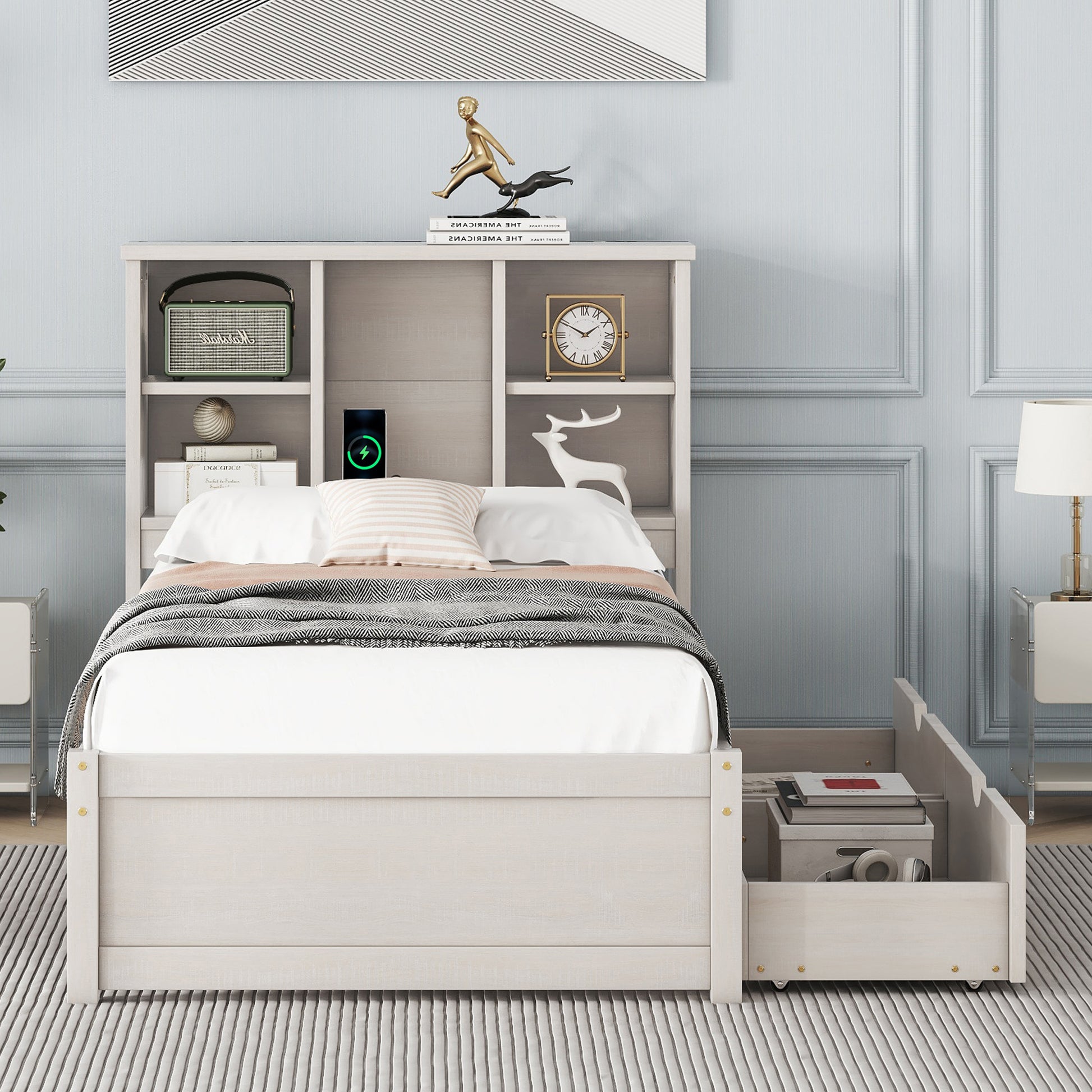 Modern Twin Size Bed Frame With Built In Usb Port On Bookcase Headboard And 2 Drawers For White Washed Color Box Spring Not Required Twin White Washed Bedroom Bed Frame Particle Board