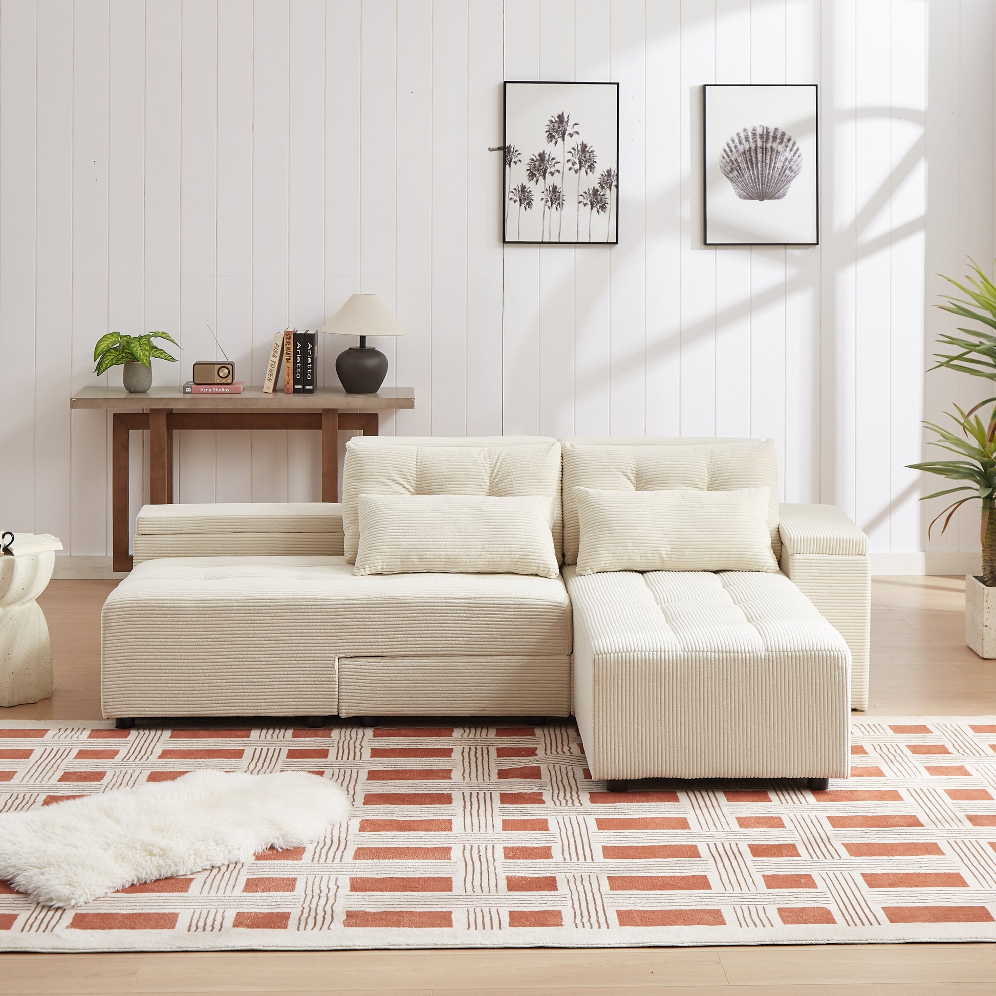 Convertible 3 In 1 Sleeper Sofa And Sectional Sofa With 4 Storage Space For Living Room,Corduroy Couch With 4 Pillows,Corduroy Beige Corduroy 3 Seat