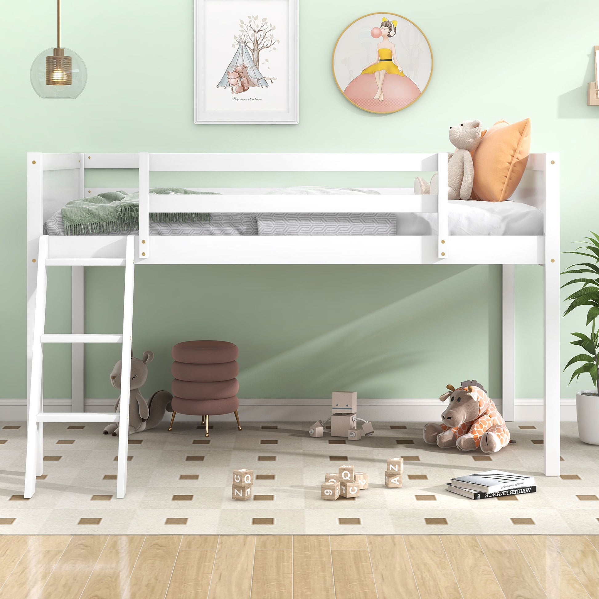 Twin Size Wood Low Loft Bed With Ladder, Ladder Can Be Placed On The Left Or Right, White Box Spring Not Required Twin White Wood Bedroom Solid Wood Mdf