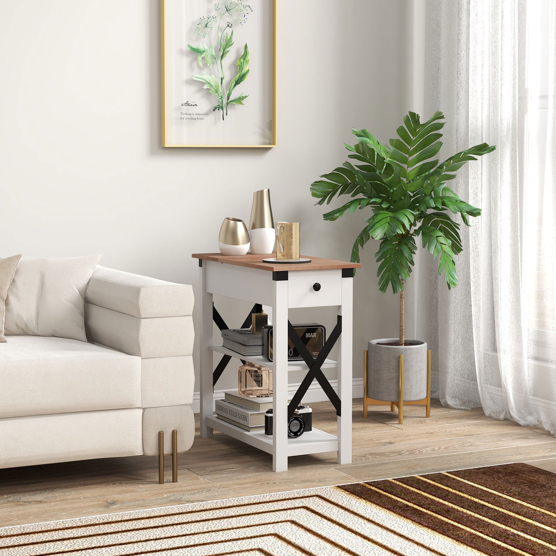 Homcom Side Table With Charging Station, End Table With 2 Usb Ports And 1 Outlet, Storage Shelves For Living Room, White White Mdf