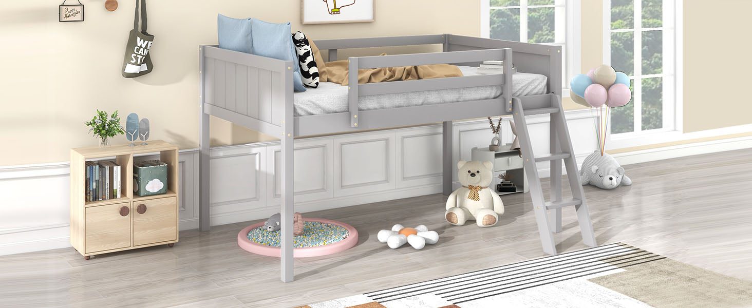 Twin Size Wood Low Loft Bed With Ladder, Ladder Can Be Placed On The Left Or Right, Gray Box Spring Not Required Twin Gray Wood Bedroom Solid Wood Mdf