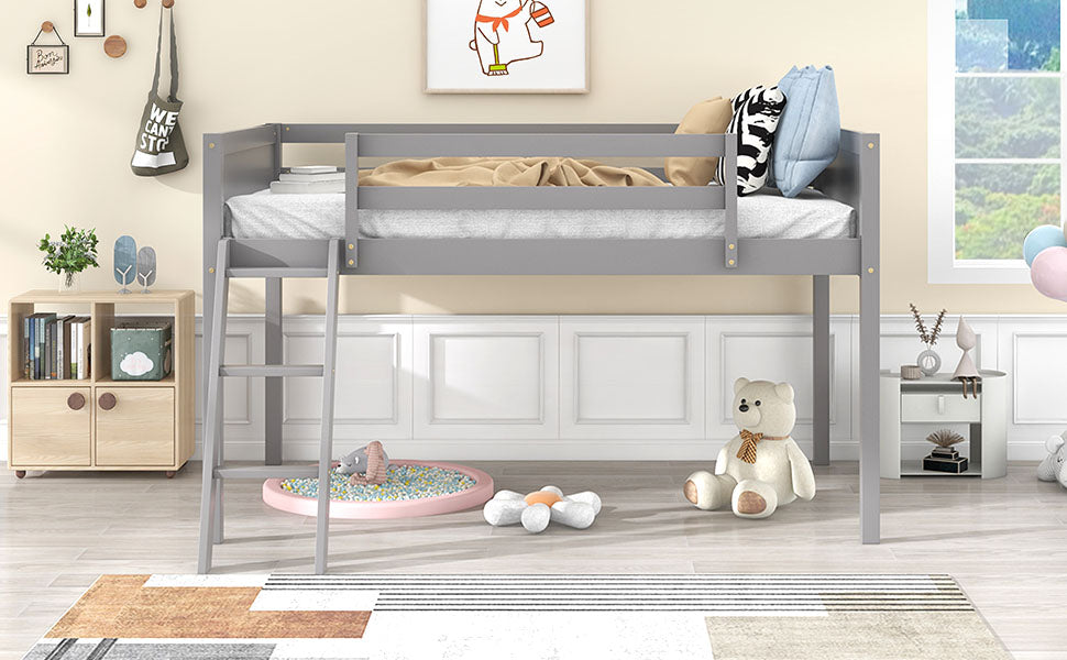 Twin Size Wood Low Loft Bed With Ladder, Ladder Can Be Placed On The Left Or Right, Gray Box Spring Not Required Twin Gray Wood Bedroom Solid Wood Mdf