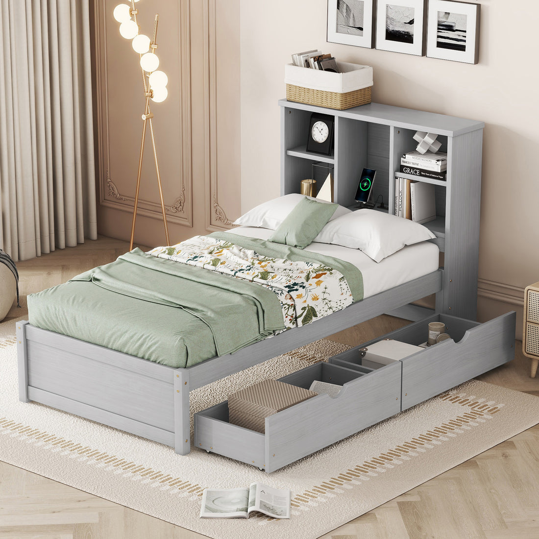 Modern Twin Size Bed Frame With Built In Usb Port On Bookcase Headboard And 2 Drawers For Grey Color Box Spring Not Required Twin Grey Bedroom Bed Frame Particle Board