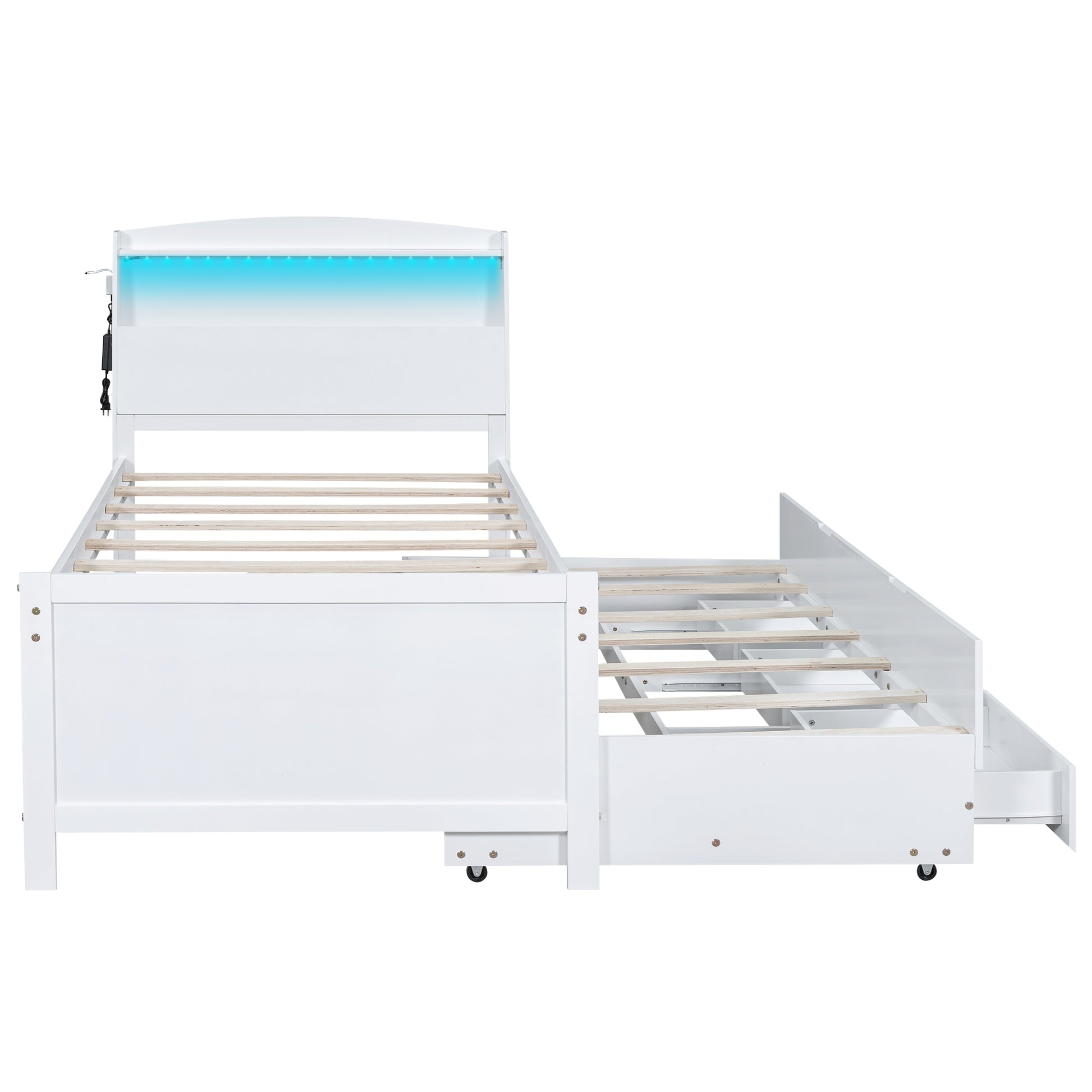 Twin Size Platform Bed With Storage Led Headboard, Twin Size Trundle And 3 Drawers, White Box Spring Not Required Twin White Bedroom Bed Frame Solid Wood Mdf