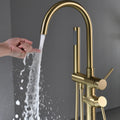 Single Handle Freestanding Tub Filler Floor Mount Bathtub Faucet With Handheld Shower Brushed Gold Bathroom Joystick Claw Foot Tub Faucets Curved Two Brushed Gold Pull Out Floor Mounted Cartridge Valve Single Hole Faucets Gold Antique,Classic 1 Hole