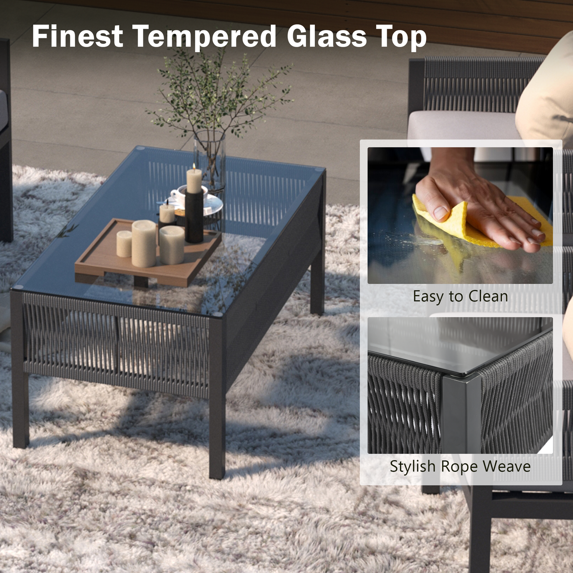 K&K 4 Piece Rope Patio Furniture Set, Outdoor Furniture With Tempered Glass Table, Patio Conversation Set Deep Seating With Thick Cushion For Backyard Porch Balcony Grey Yes Complete Patio Set Grey Weather Resistant Frame Fade Resistant Cushion Garden &