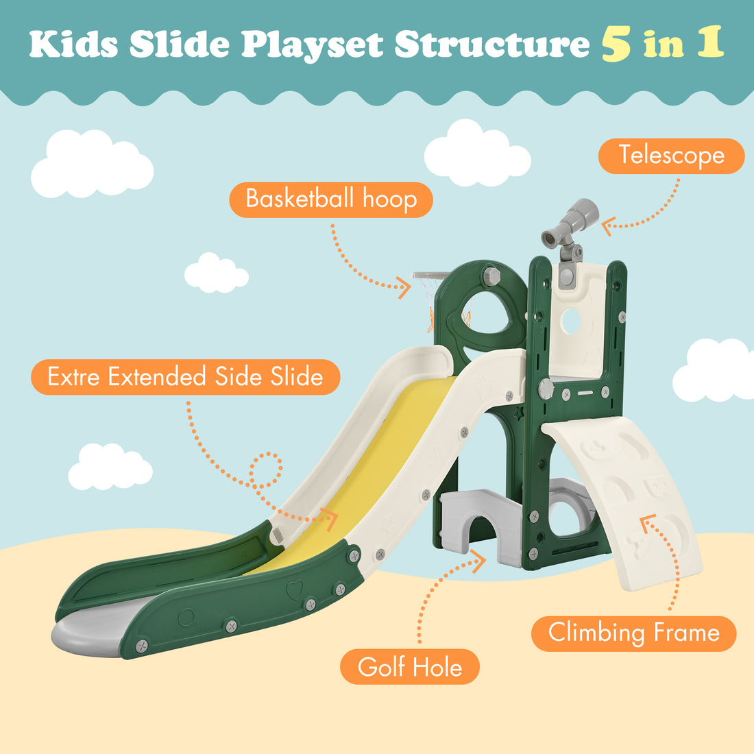 Kids Slide Playset Structure 5 In 1, Freestanding Space Set With Slide, Telescope And Basketball Hoop, Golf Holes For Toddlers, Kids Climbers Playground Yellow Hdpe