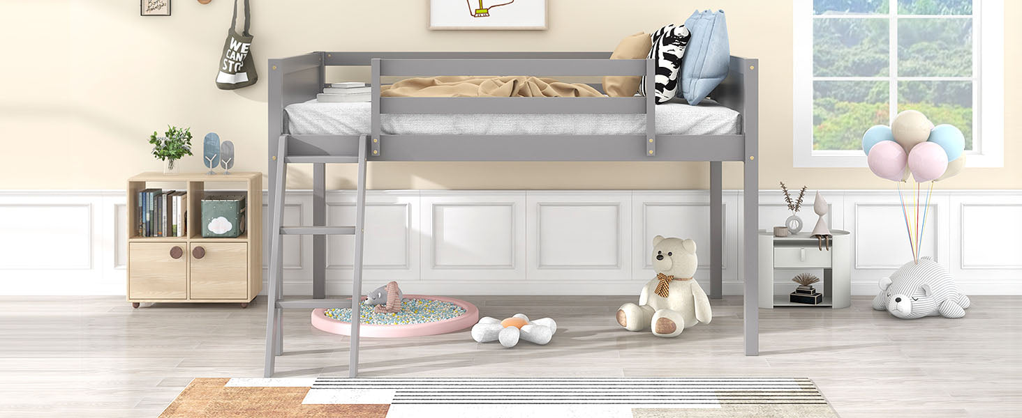 Twin Size Wood Low Loft Bed With Ladder, Ladder Can Be Placed On The Left Or Right, Gray Box Spring Not Required Twin Gray Wood Bedroom Solid Wood Mdf