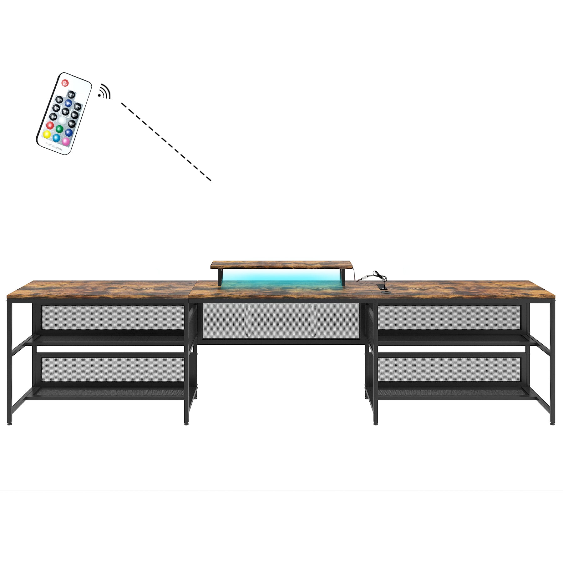 U Shaped Desk With Shelve And Led Lights Brown Mdf