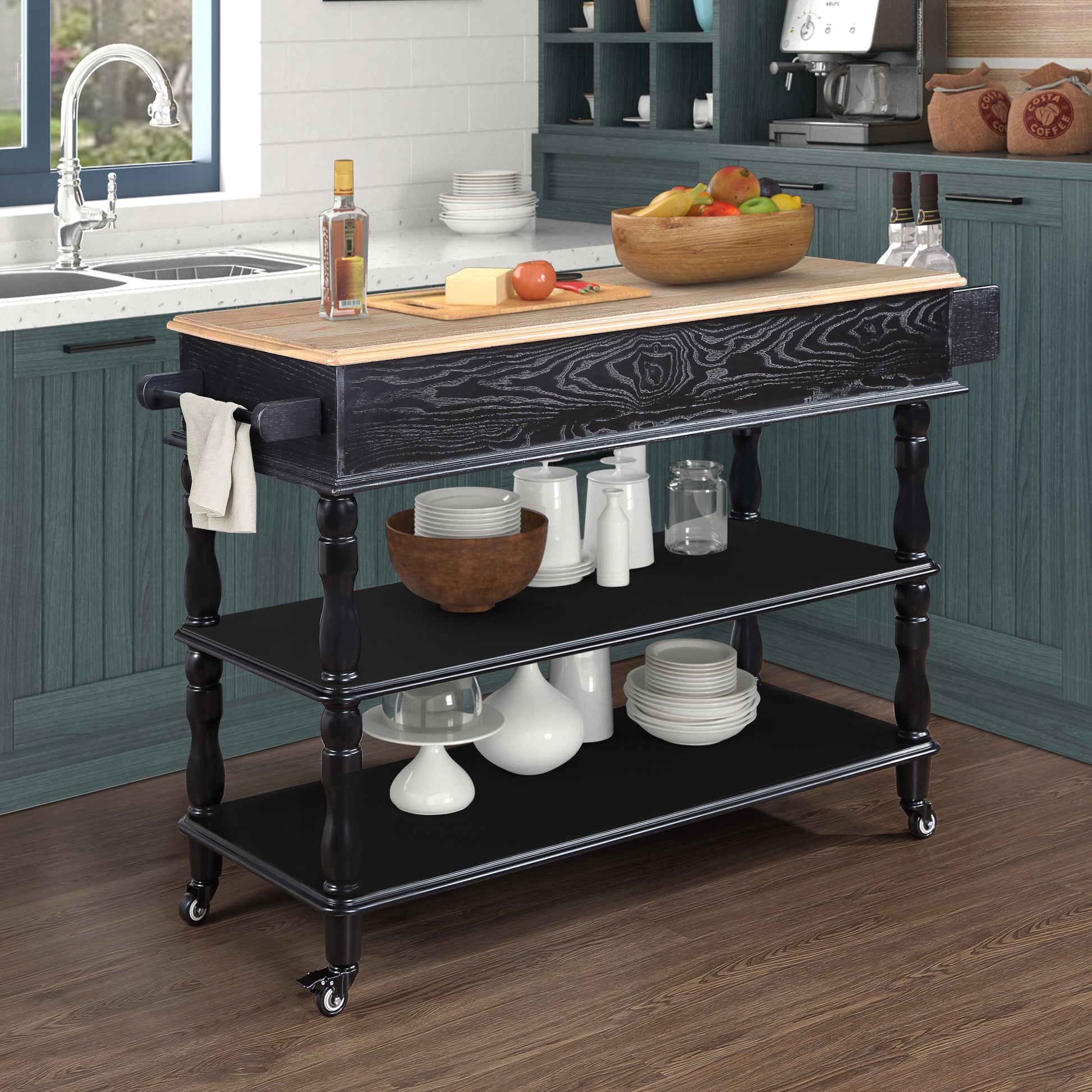 56 Inch Rolling Kitchen Island With Storage,Kitchen Cart With Solid Oak Wood Top,Two Sided Kitchen Island Cart On Wheelswine And Spice Rack, Large Kitchen Cart With 2 Drawers, Black Natural Top Black Natural Dining Room American Design,Antique