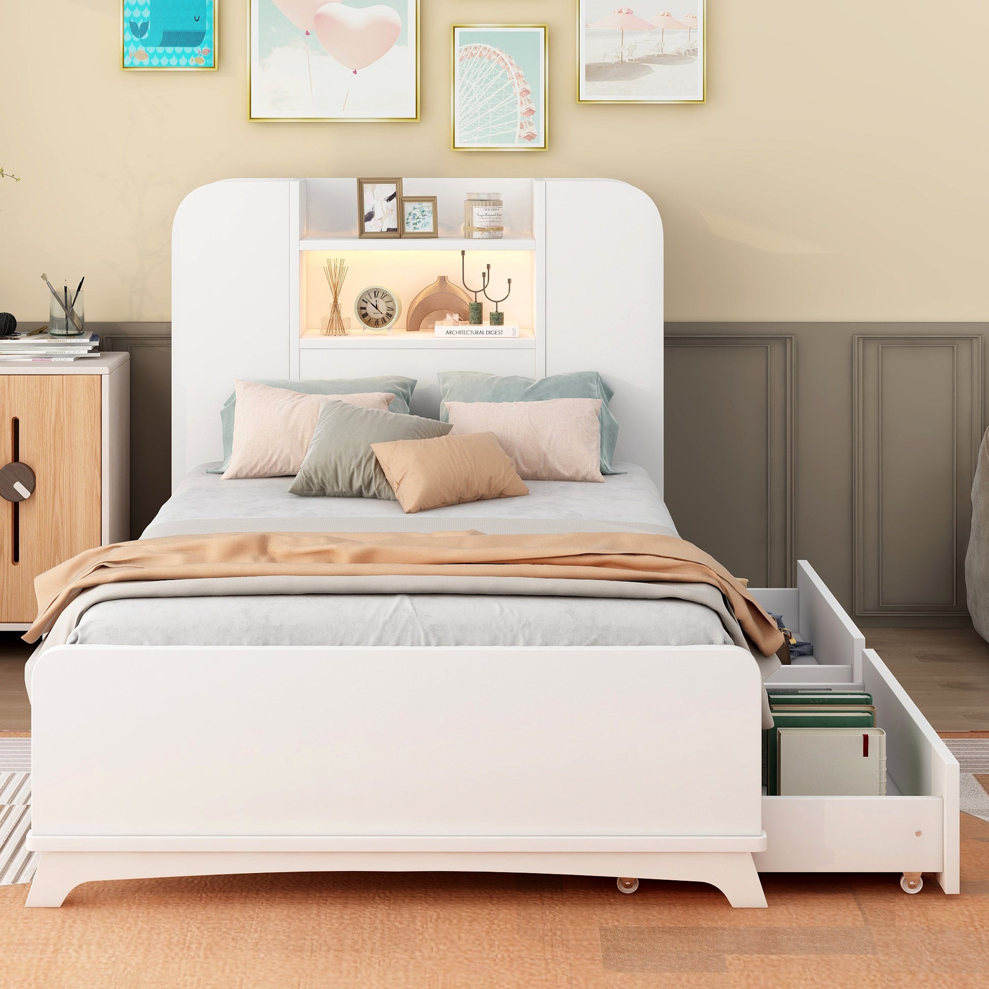 Twin Size Storage Platform Bed Frame With With Two Drawers And Light Strip Design In Headboard,White White Solid Wood Mdf