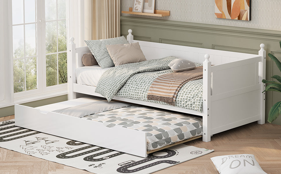 Twin Size Solid Wood Daybed With Trundle For Limited Space Kids, Teens, Adults, No Need Box Spring, White Box Spring Not Required Twin White Wood Bedroom Mid Century Modern,Modern Pine Daybeds Wood