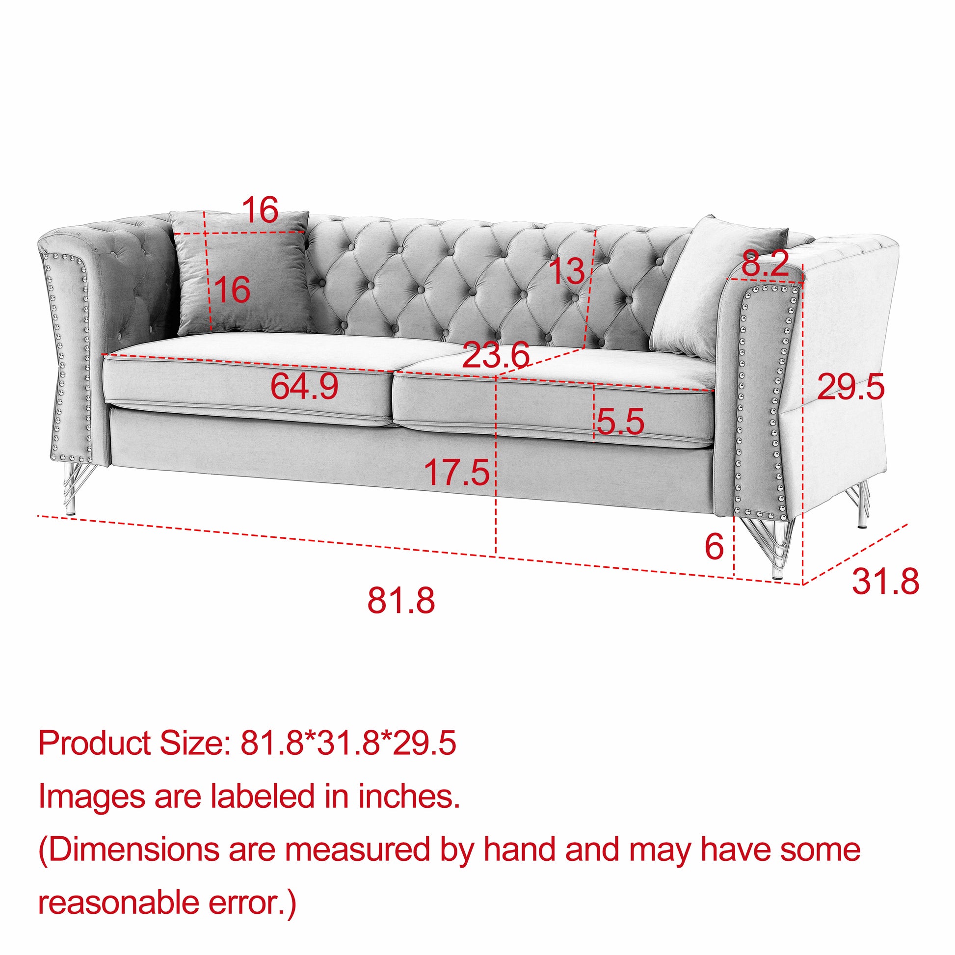 81.8" Chesterfield Sofa Grey Velvet For Living Room, 3 Seater Sofa Tufted Couch With Metal Foot And For Living Room, Bedroom, Office, Apartment, Two Pillows Grey Foam Velvet