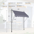 Manual Retractable Awning 118'' Non Screw Outdoor Sun Shade Cover With Uv Protection 100% Polyester Made Outdoor Canopy Adjustable Patio Door Window Awning Canopy Sun Shade Curtain For Backyard,Gay Grey Rectangular Manual Uv Resistant Canopies Metal