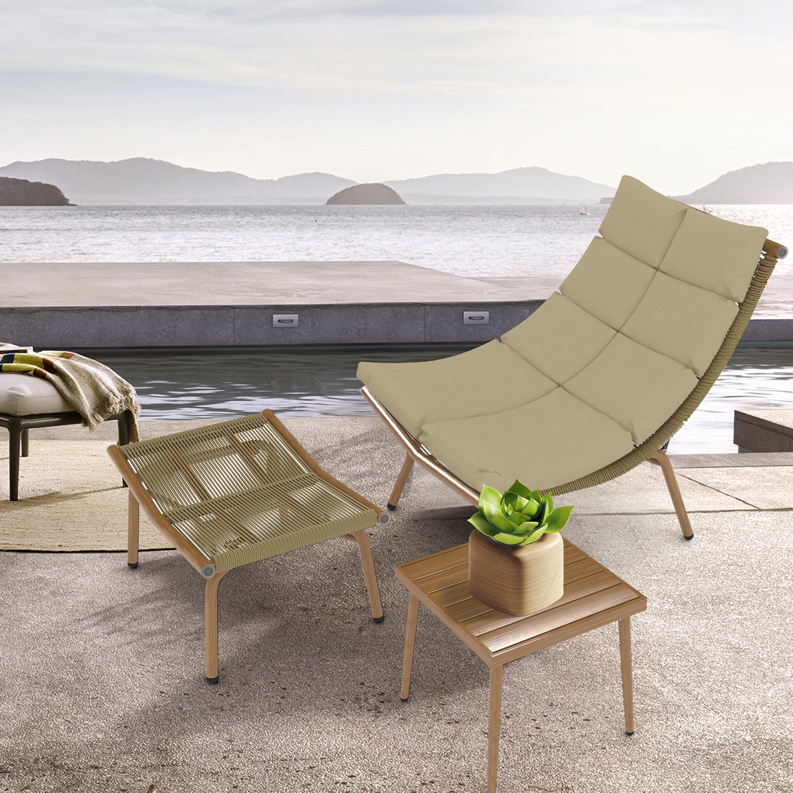 Chaise Lounge Chair With Table For Outdoor Indoor Wood Color Alloy Frame 380Lbs Capacity With Cushion Recliner For Camping Gaming Lunch Break Garden Party Sunbathing Wood Iron