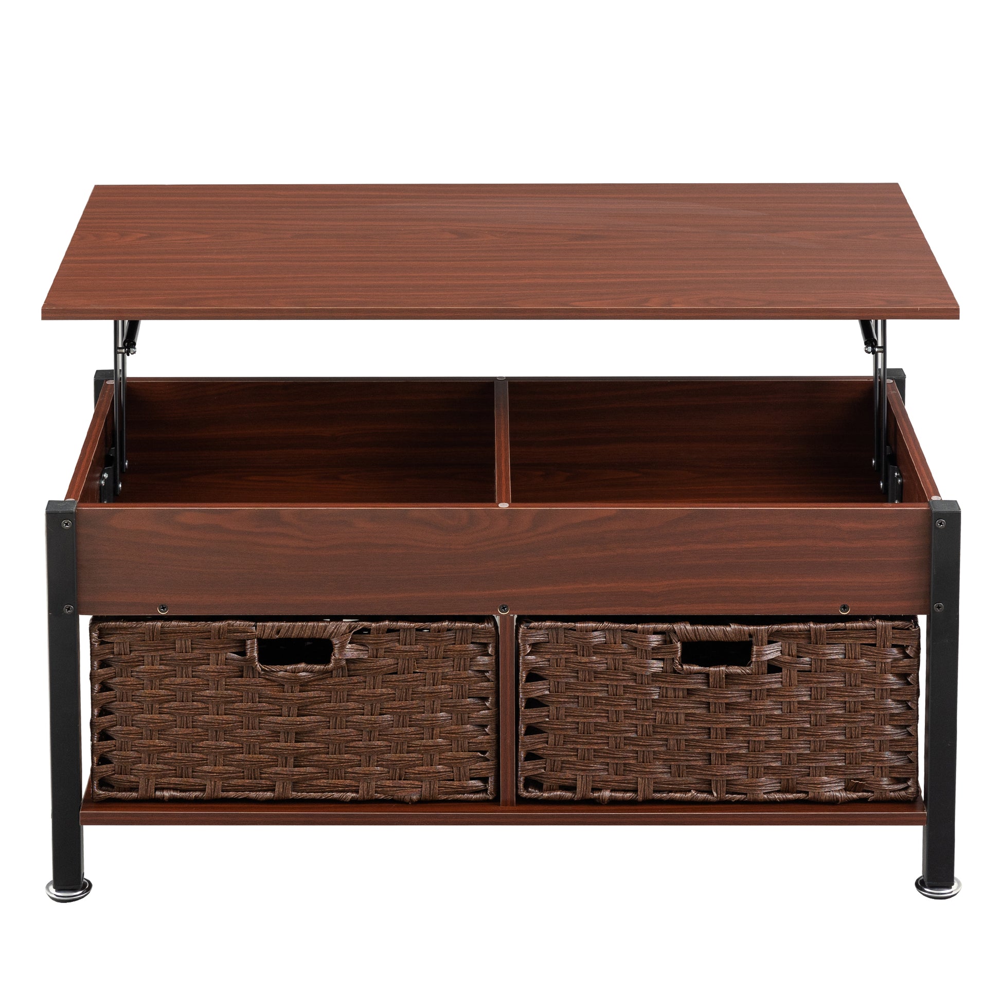 Metal Coffee Table,Desk,With A Lifting Table,And Hidden Storage Space.There Were Two Removable Wicker Baskets That Could Be Placed In Any Space Such As The Living Room,Color:Brownwith Solid Wood Grain Brown Height Adjustable & Standing Desks Primary